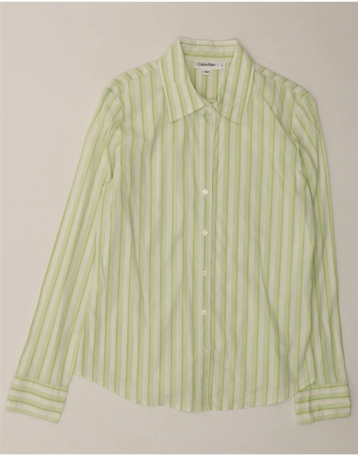 Moisture Wicking Material CALVIN KLEIN Womens Shirt UK 14 Medium Green Striped Cotton