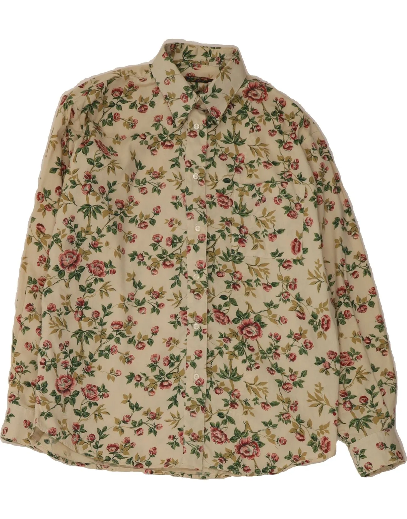 VINTAGE Womens Shirt UK 16 Large Beige Floral Polyester Monochrome Palette