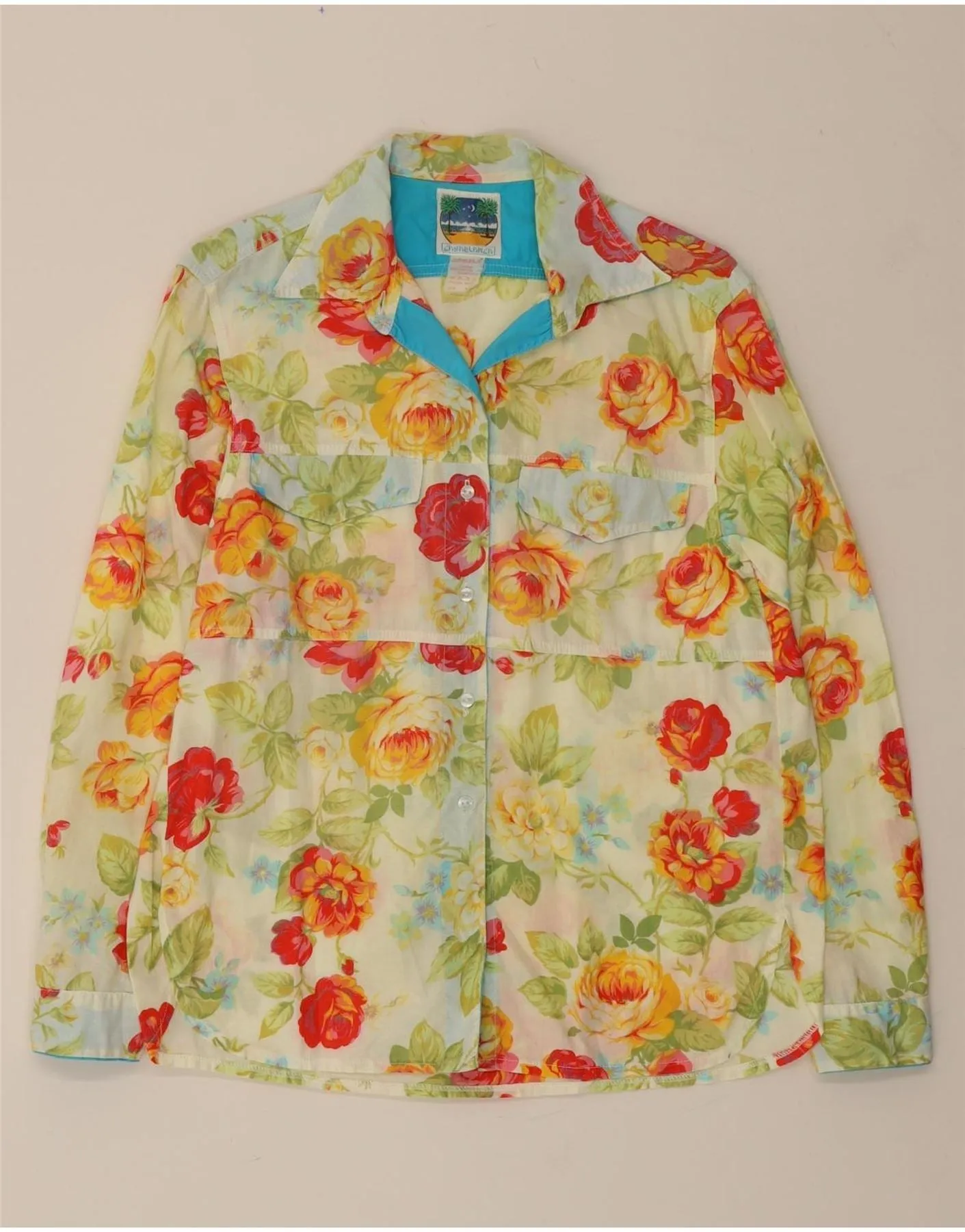 VINTAGE Womens Shirt UK 14 Medium Multicoloured Floral Cotton Hawaiian Must-Have Item Gradient effect