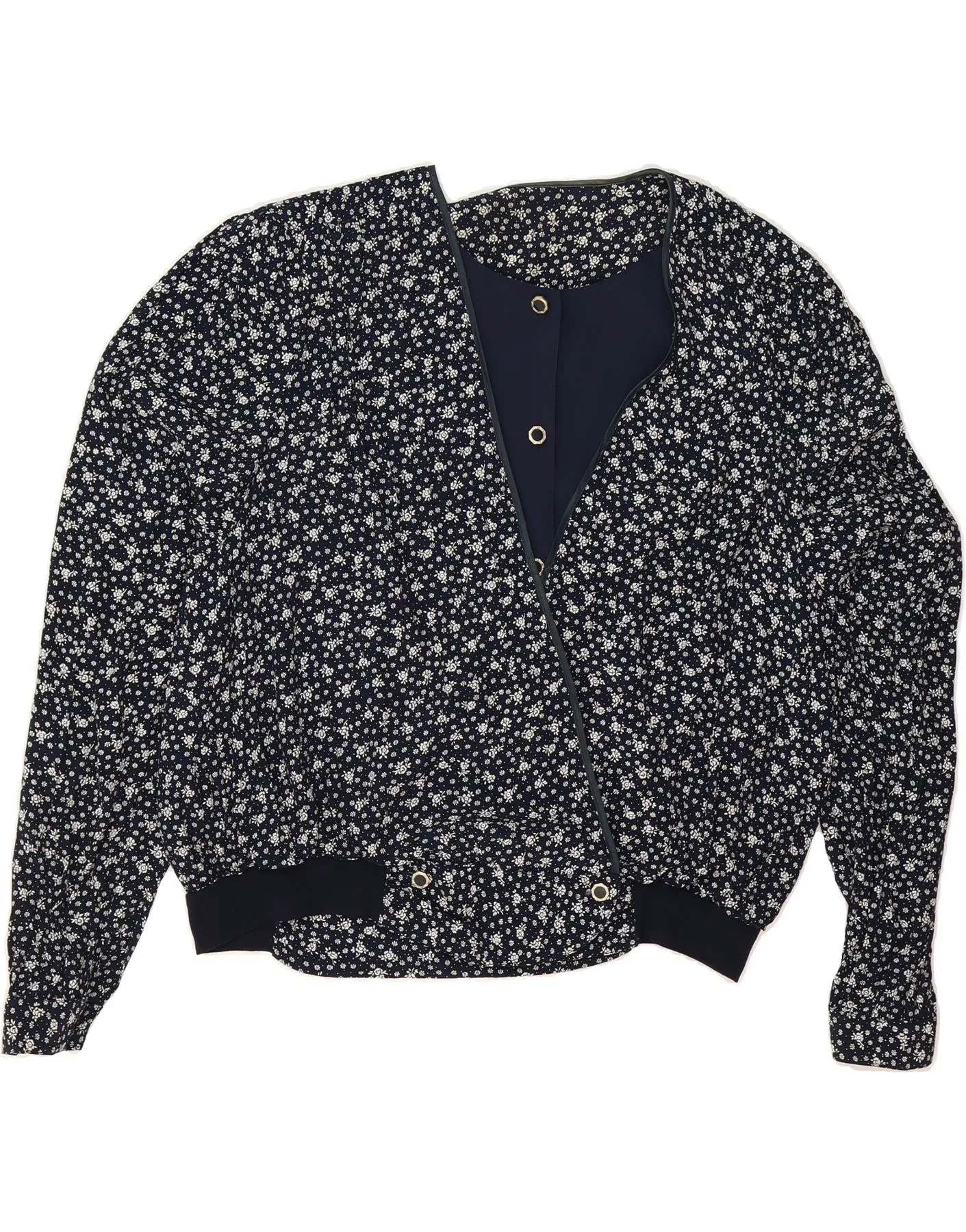 VINTAGE Womens Shirt Blouse UK 18 XL Navy Blue Floral Edgy Design decorative element