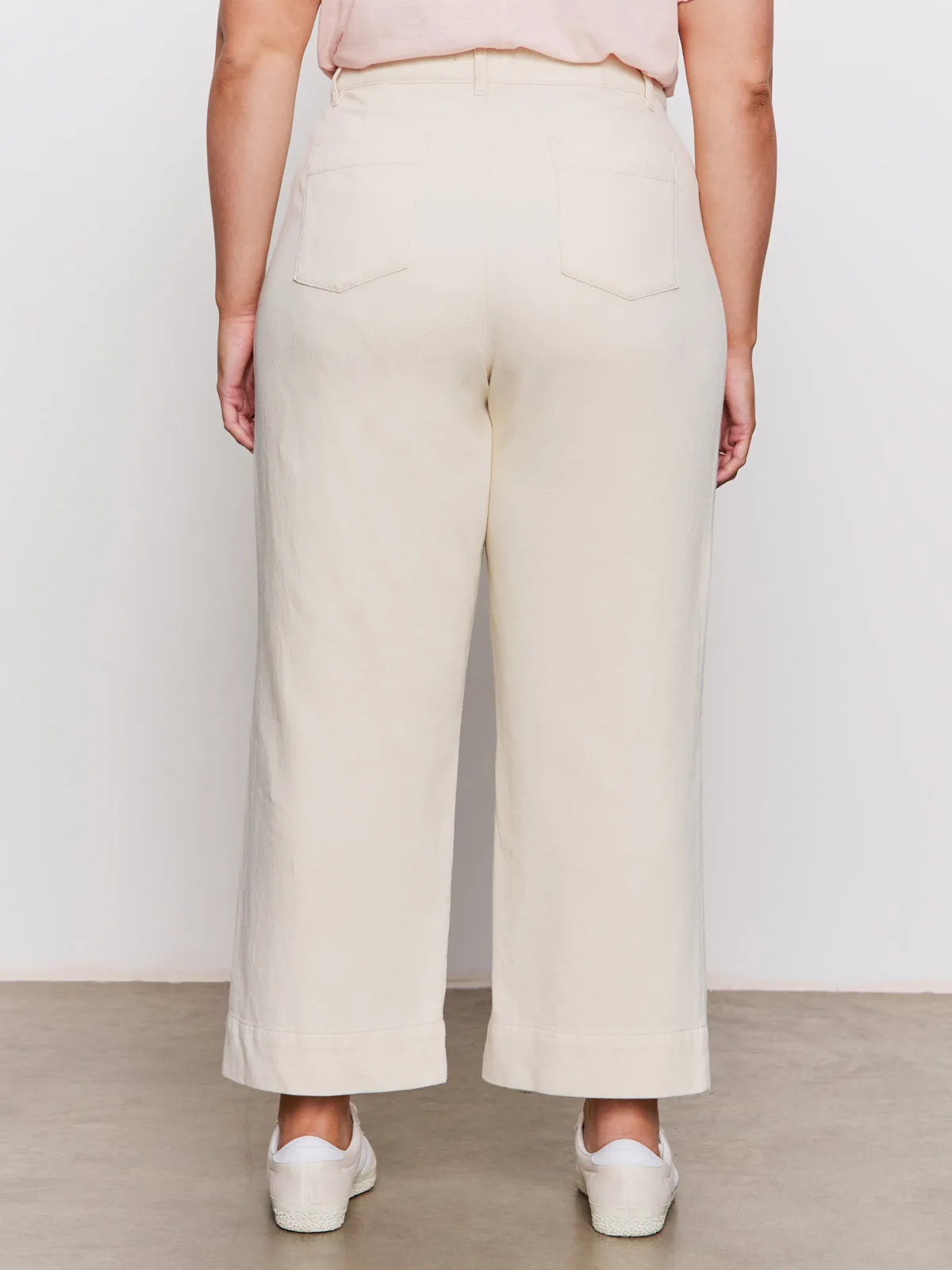 Soft Marine Wide Leg Standard Rise Crop Pant Macrame Extended Sizing Flattering Look Four Way Stretch