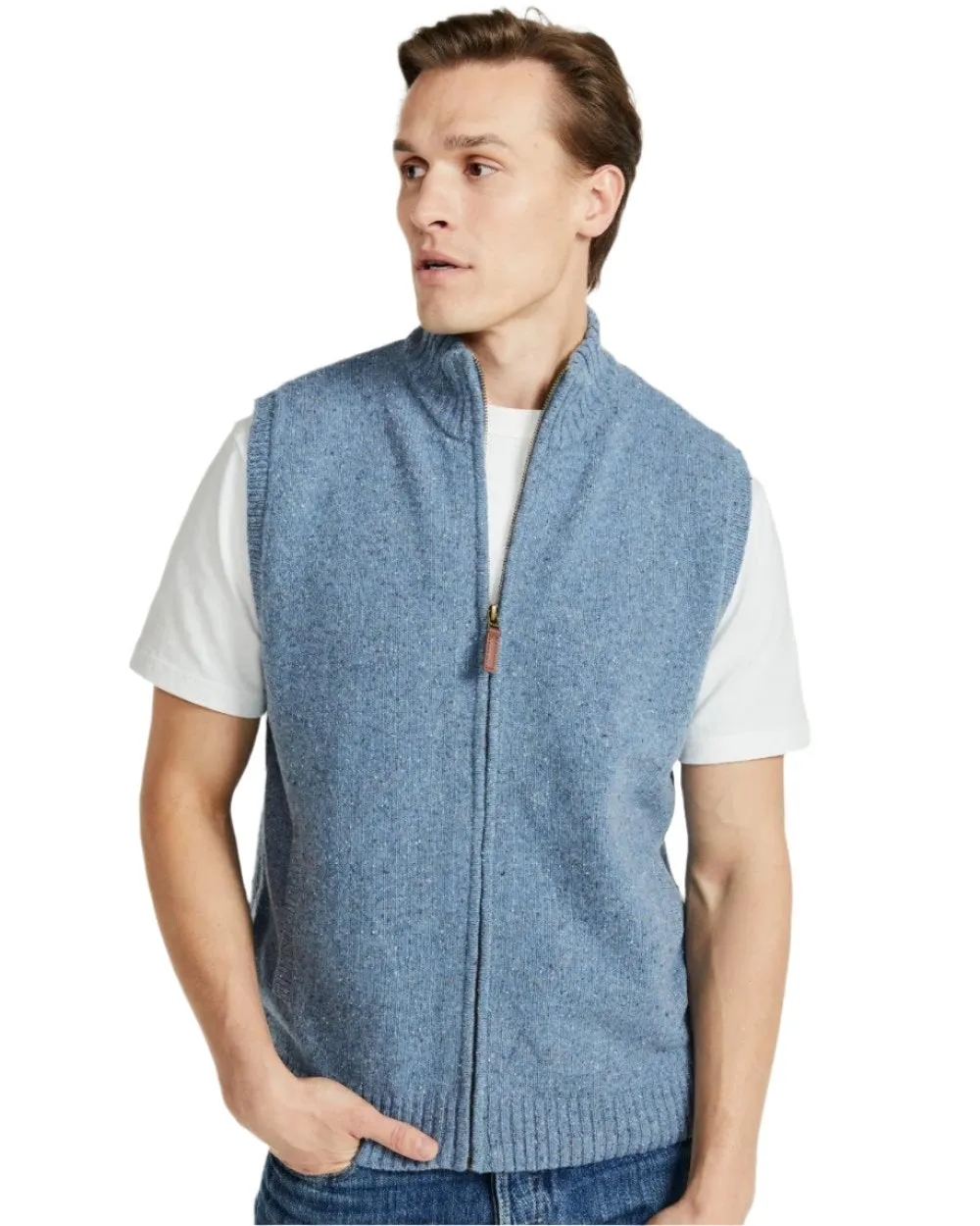 Aran Mens Rossport Nepped Gilet Contrast Binding Drop Shoulder Cut