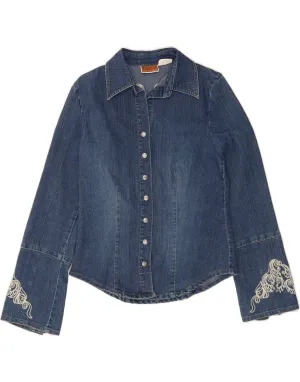 EXPLORER Womens Denim Shirt UK 12 Medium  Blue Paisley Cotton Everyday Essential Flex Fit Collar