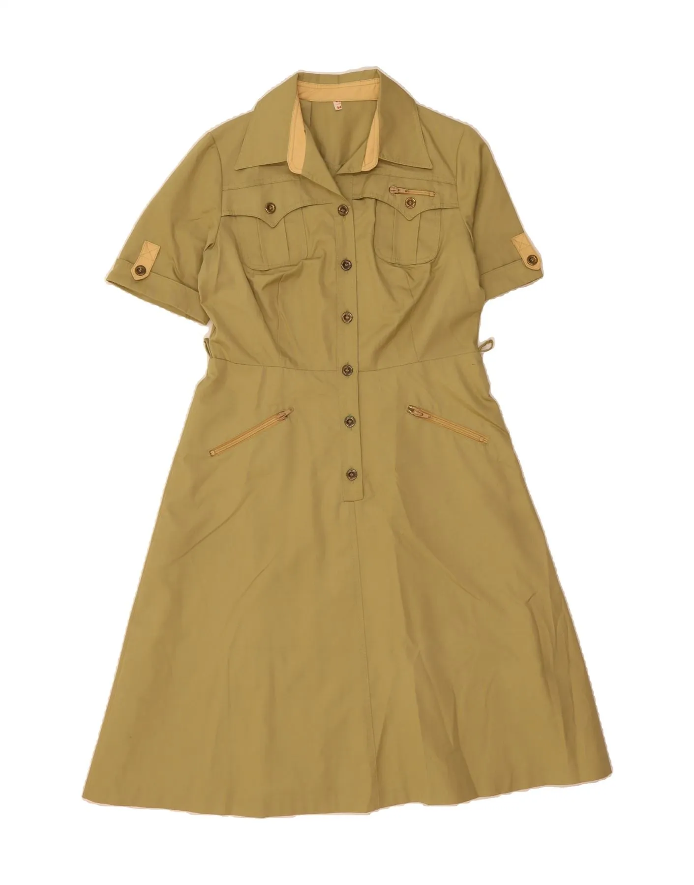 VINTAGE Womens Shirt Dress IT 44 Medium Khaki Polyester Tailored Cut Holiday Special