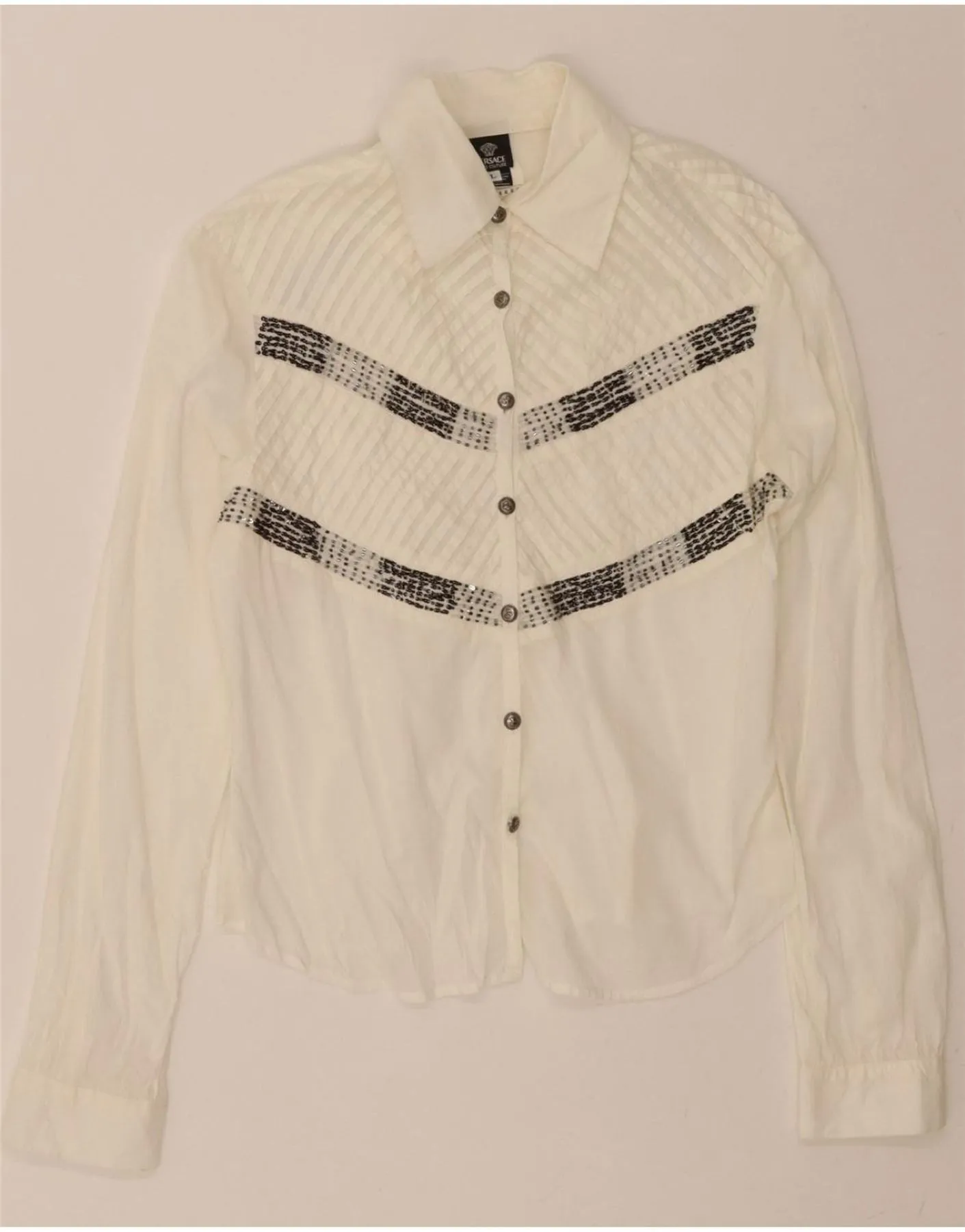 Ventilated Back Panel Sweat-Absorbing VERSACE Womens Shirt UK 14 Large White Striped