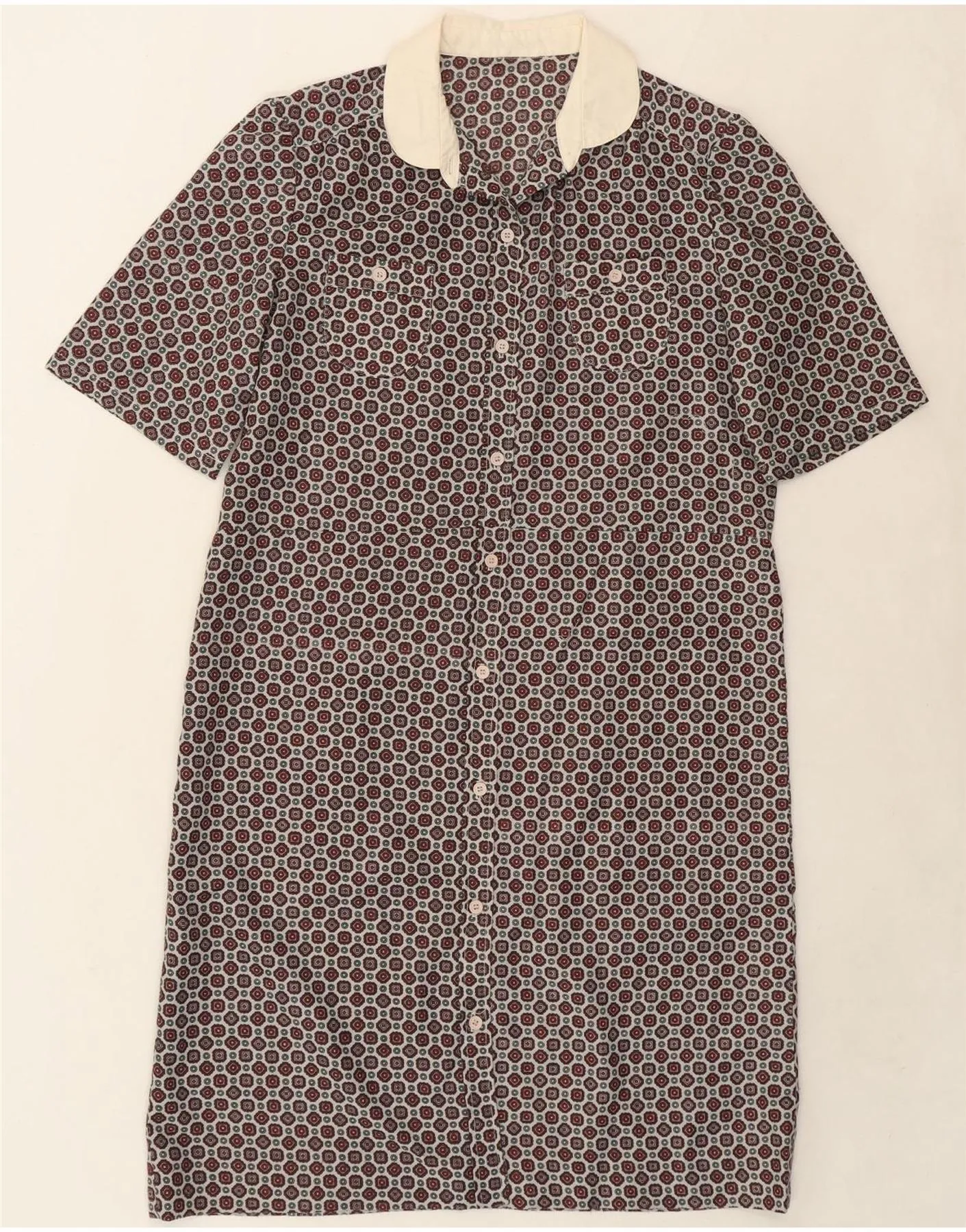 VINTAGE Womens Shirt Dress UK 16 Large Red Geometric Flexible Placket Structure Snug feel