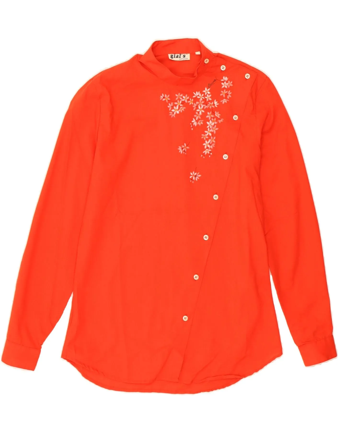 VINTAGE Womens Shirt Blouse IT 44 Medium Orange Floral Cotton Button Down Design Athletic Look