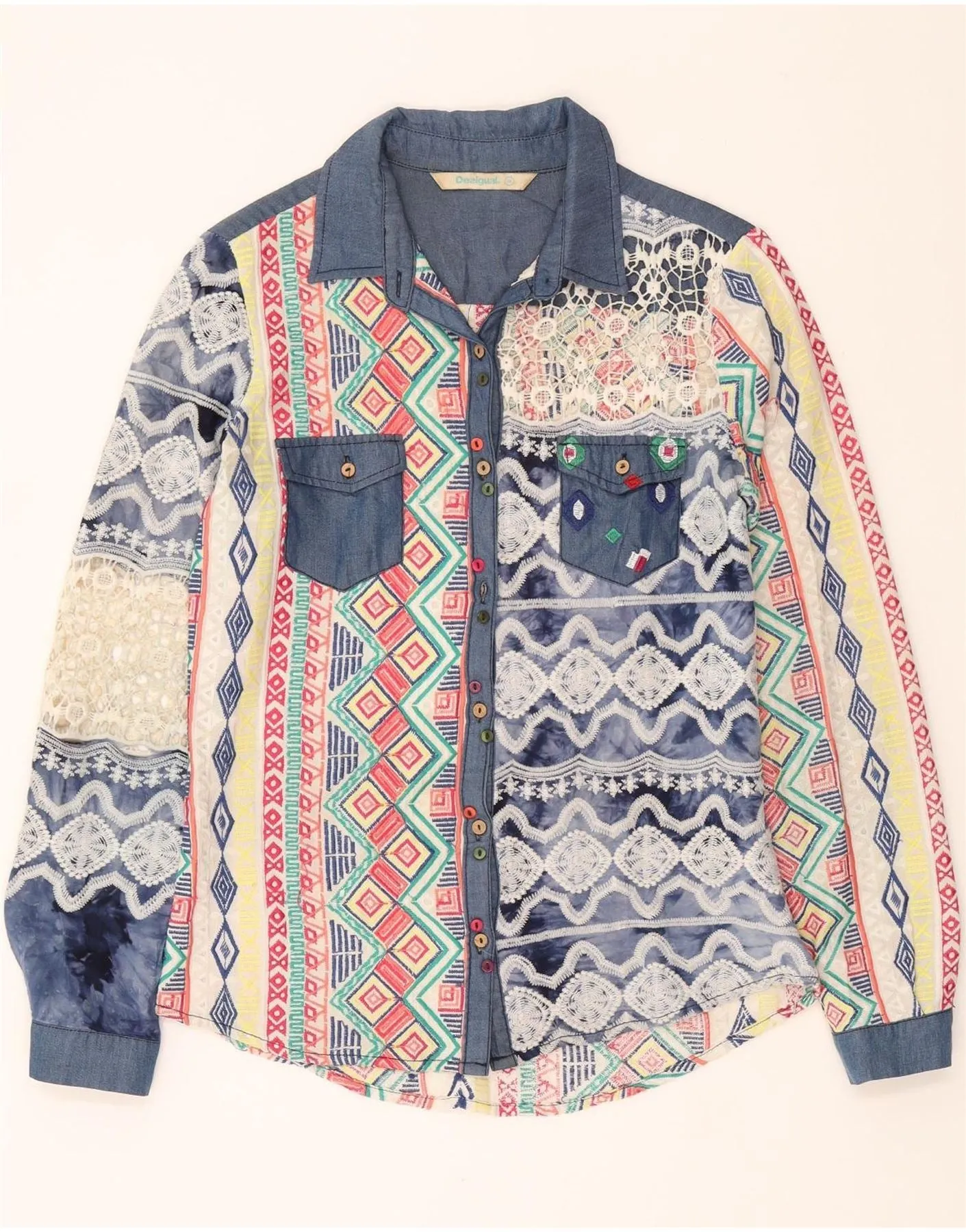 Professional Look Gift Idea DESIGUAL Womens Shirt UK 12 Medium Multicoloured Patchwork Polyester