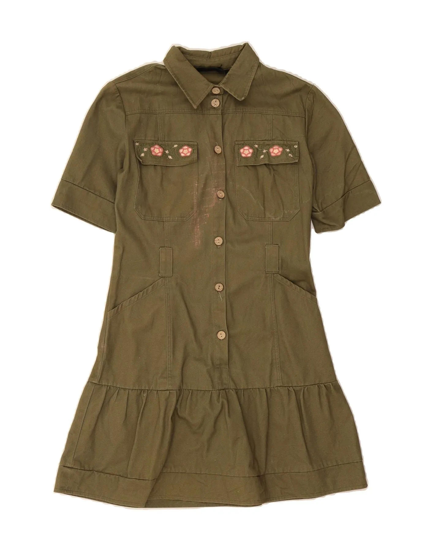 DESIGUAL Womens Shirt Dress UK 6 XS Khaki Floral Cotton Versatile Styling