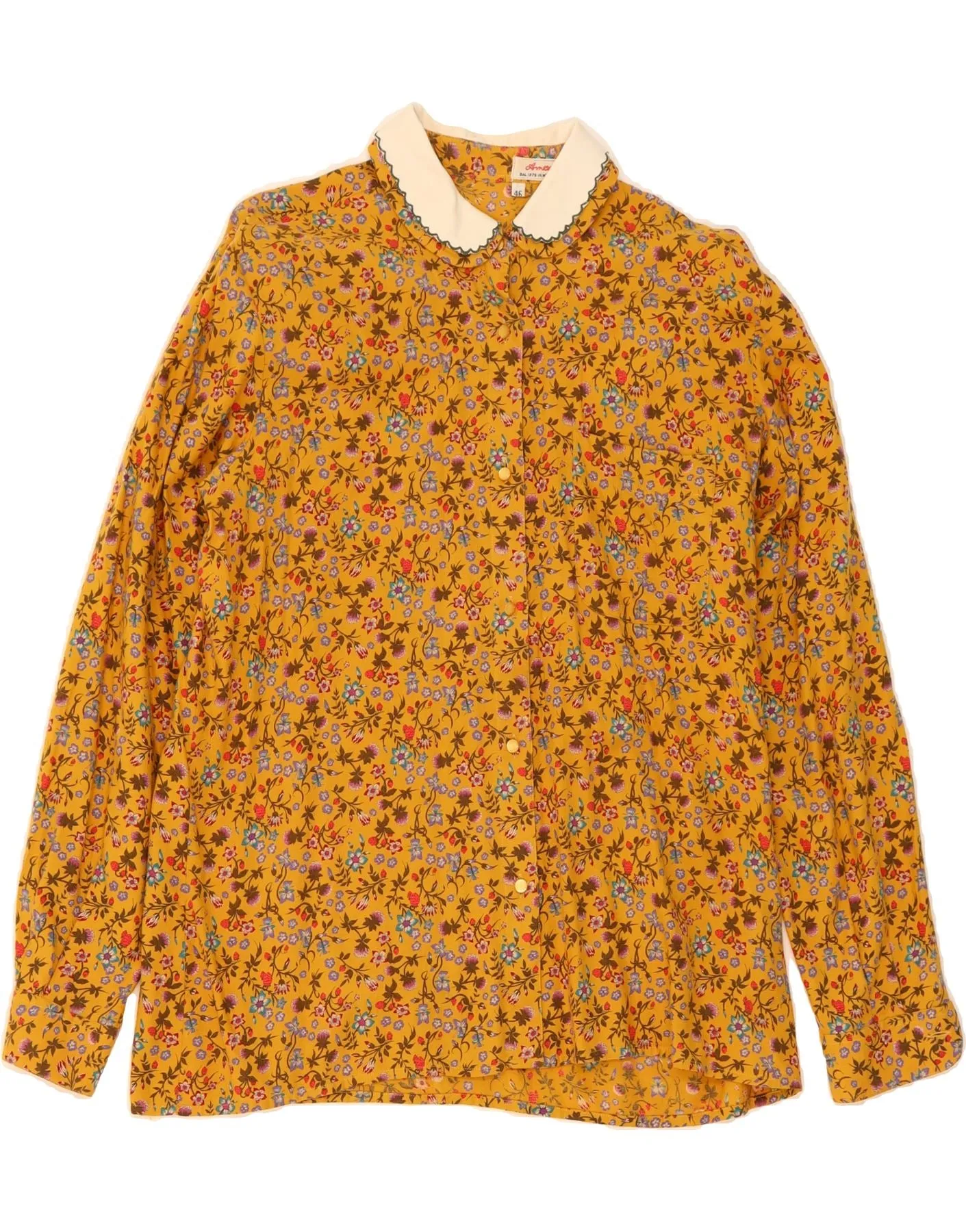 VINTAGE Womens Shirt Blouse EU 46 XL Brown Floral Cotton Lace Accent Lightweight Layer