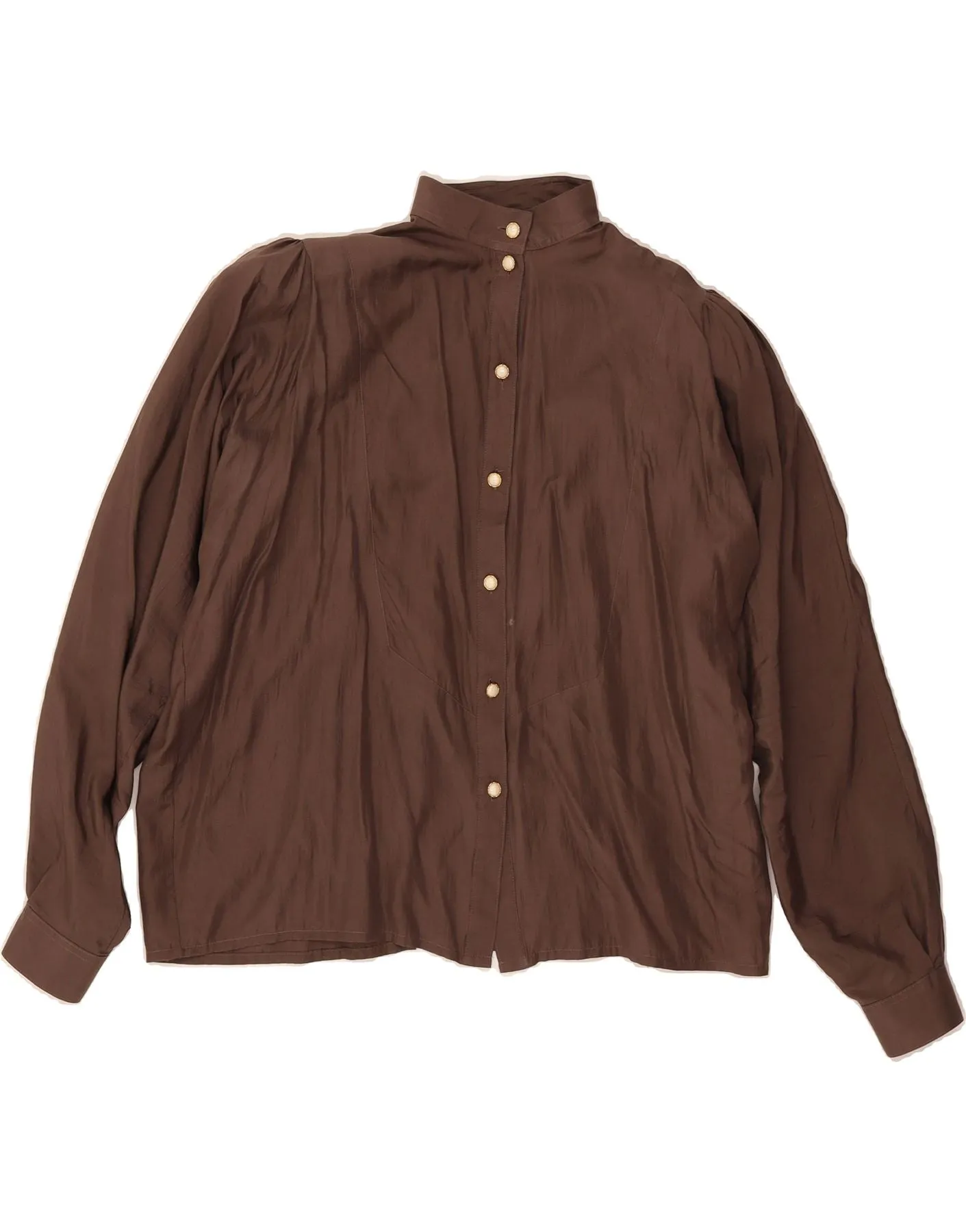 MALINA WONG Womens Shirt Blouse EU 40 Medium Brown Silk Retro Vibe Clean Edge Trim