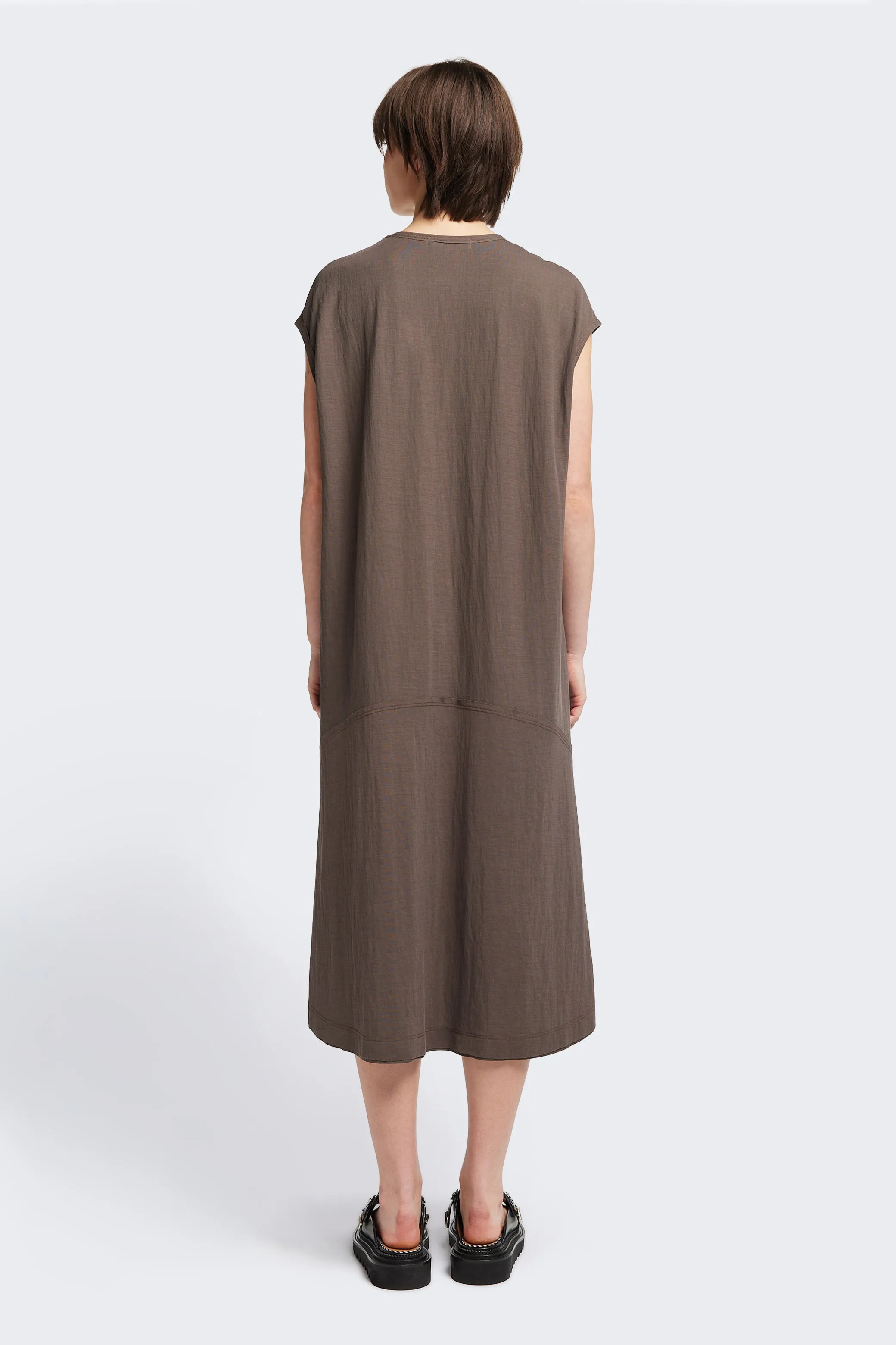 Cap-Sleeve Relaxed Waistband Recess Dress Taupe