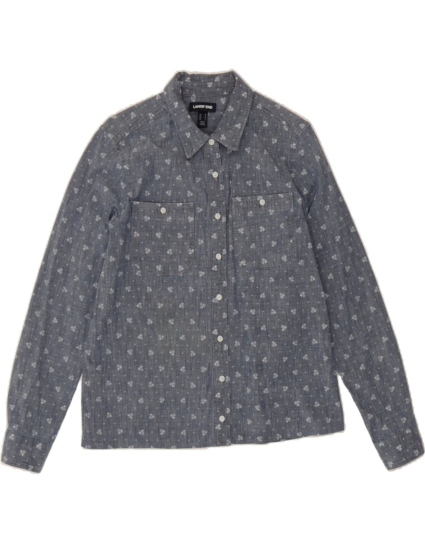 LANDS END Womens Shirt UK 14 Medium Blue Floral Cotton Athleisure Wear No Slip Shoulder Grip