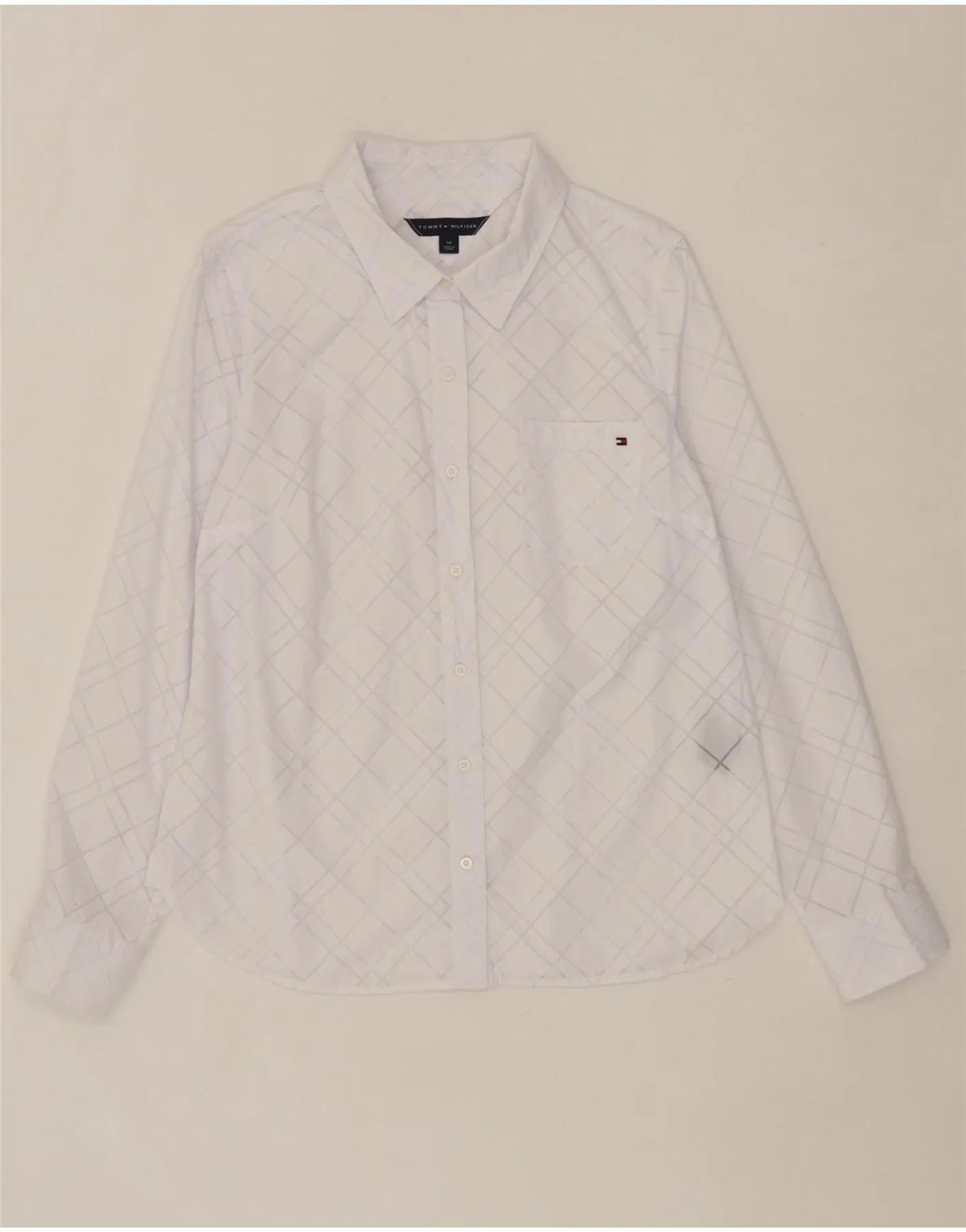 TOMMY HILFIGER Womens Shirt UK 14 Medium White Check Cotton Multi Layer Stitching