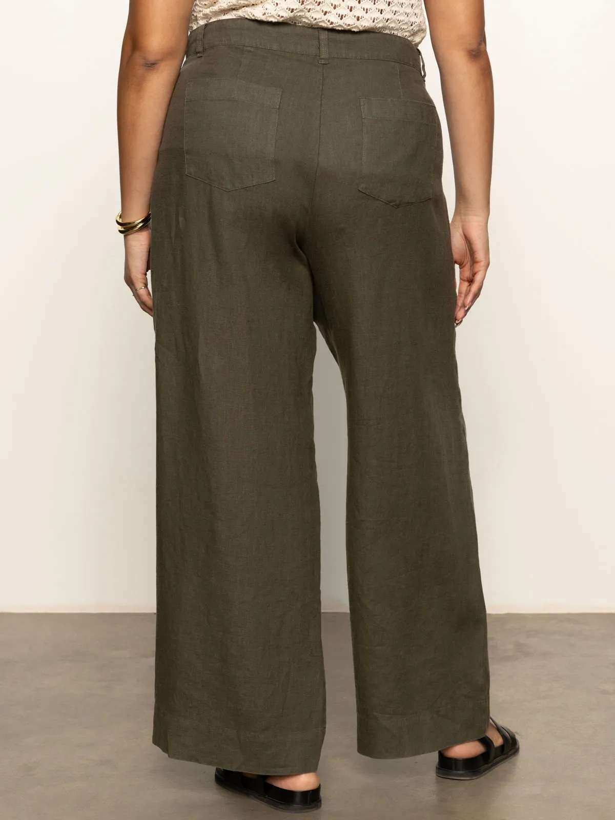 The Linen Marine Wide Leg Semi-High Rise Pant Kalamata Extended Sizing Trendy Vibe Light wash