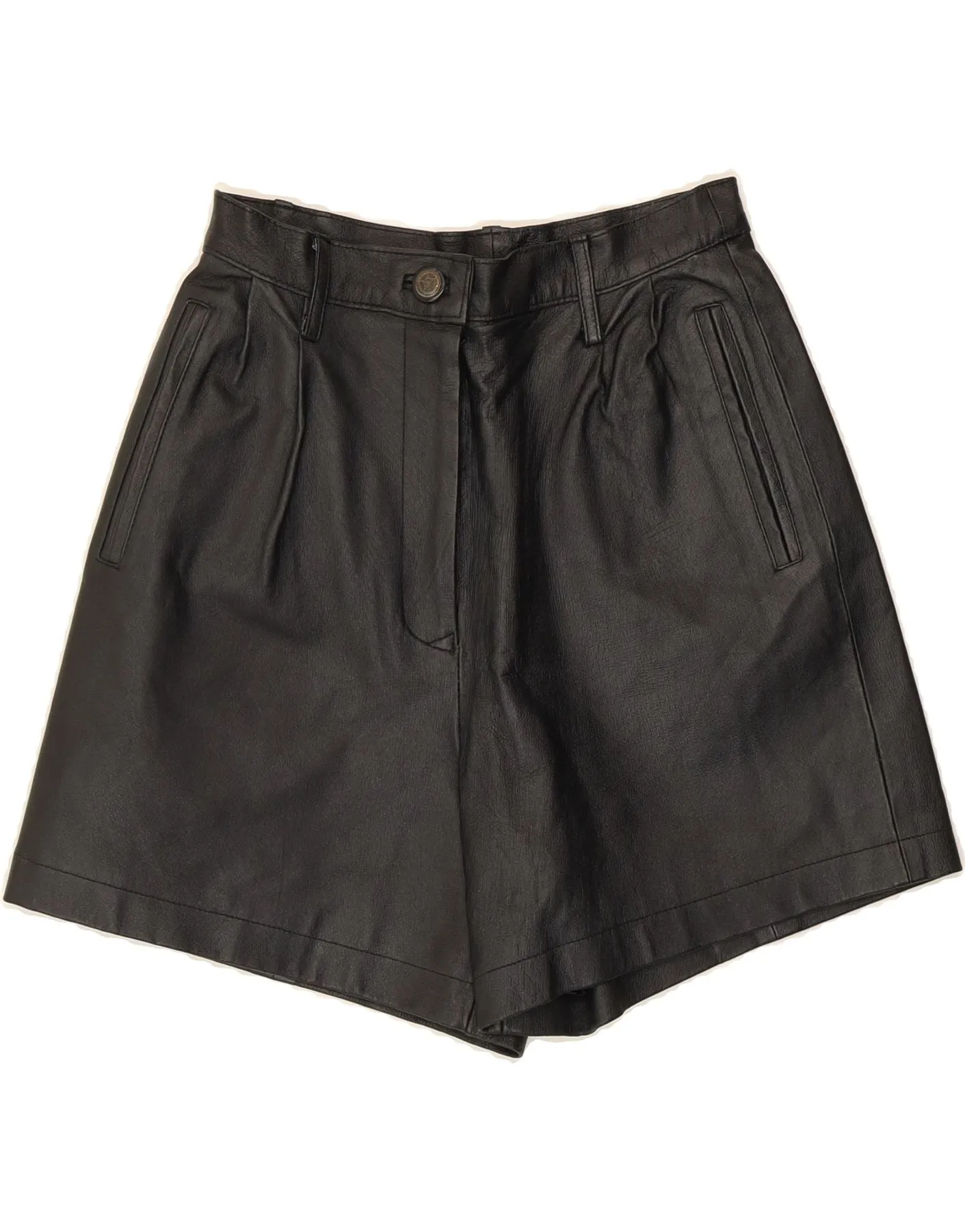 VINTAGE Womens High Waist Leather Shorts UK 10 Small W25  Black Leather decorative element Lightweight Comfort