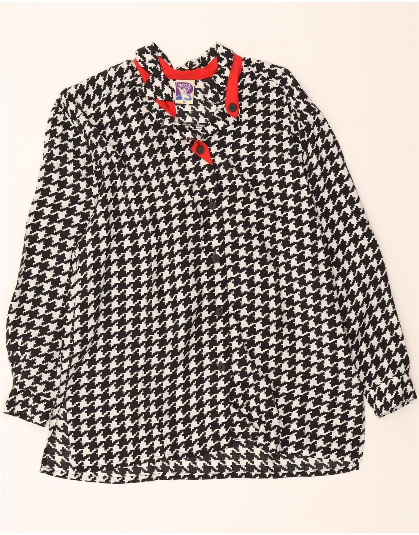 VINTAGE Womens Shirt Blouse EU 40 Medium Black Houndstooth Neutral Shade