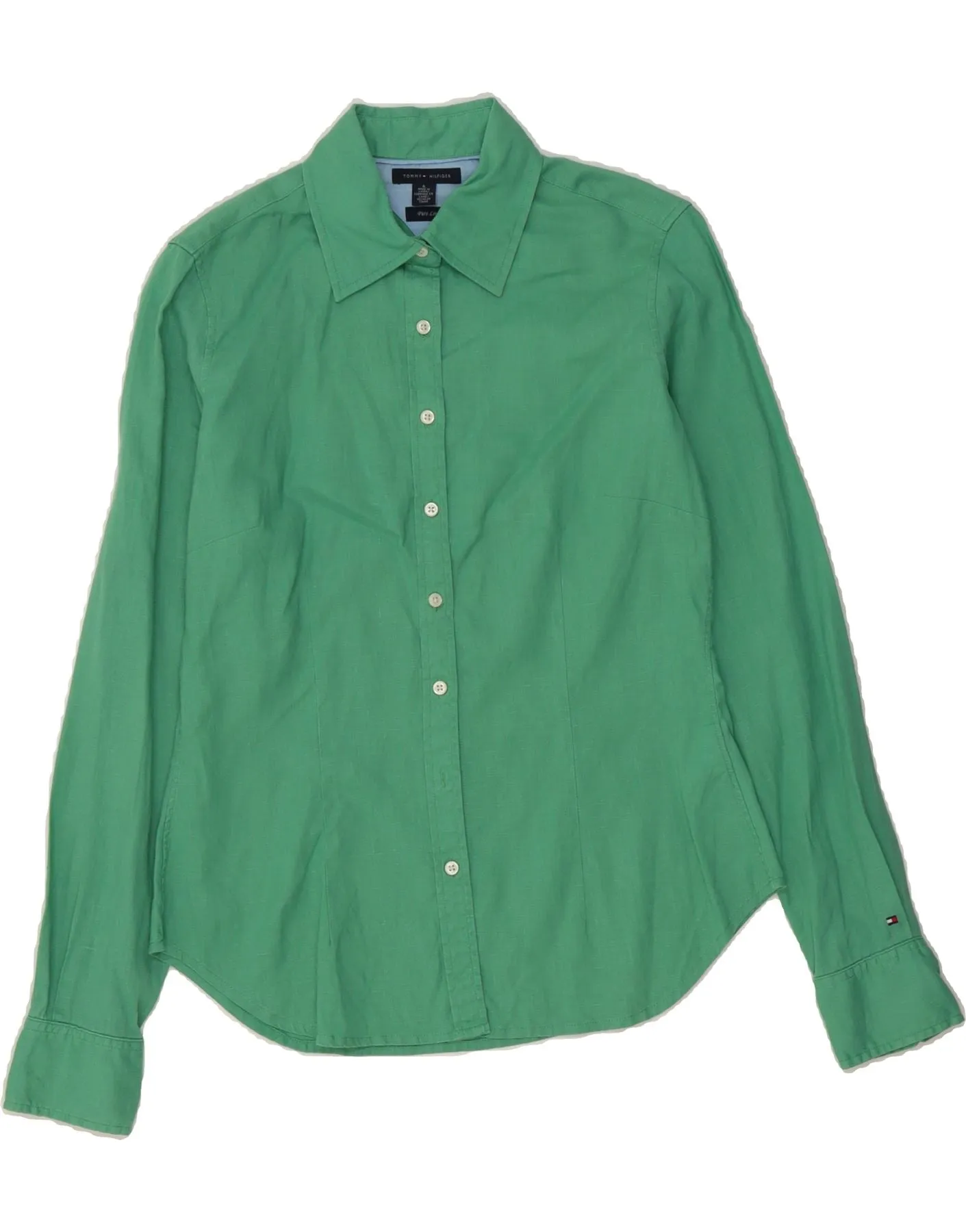 TOMMY HILFIGER Womens Shirt US 6 Medium Green Linen Reinforced Hems Bamboo Fiber Blend