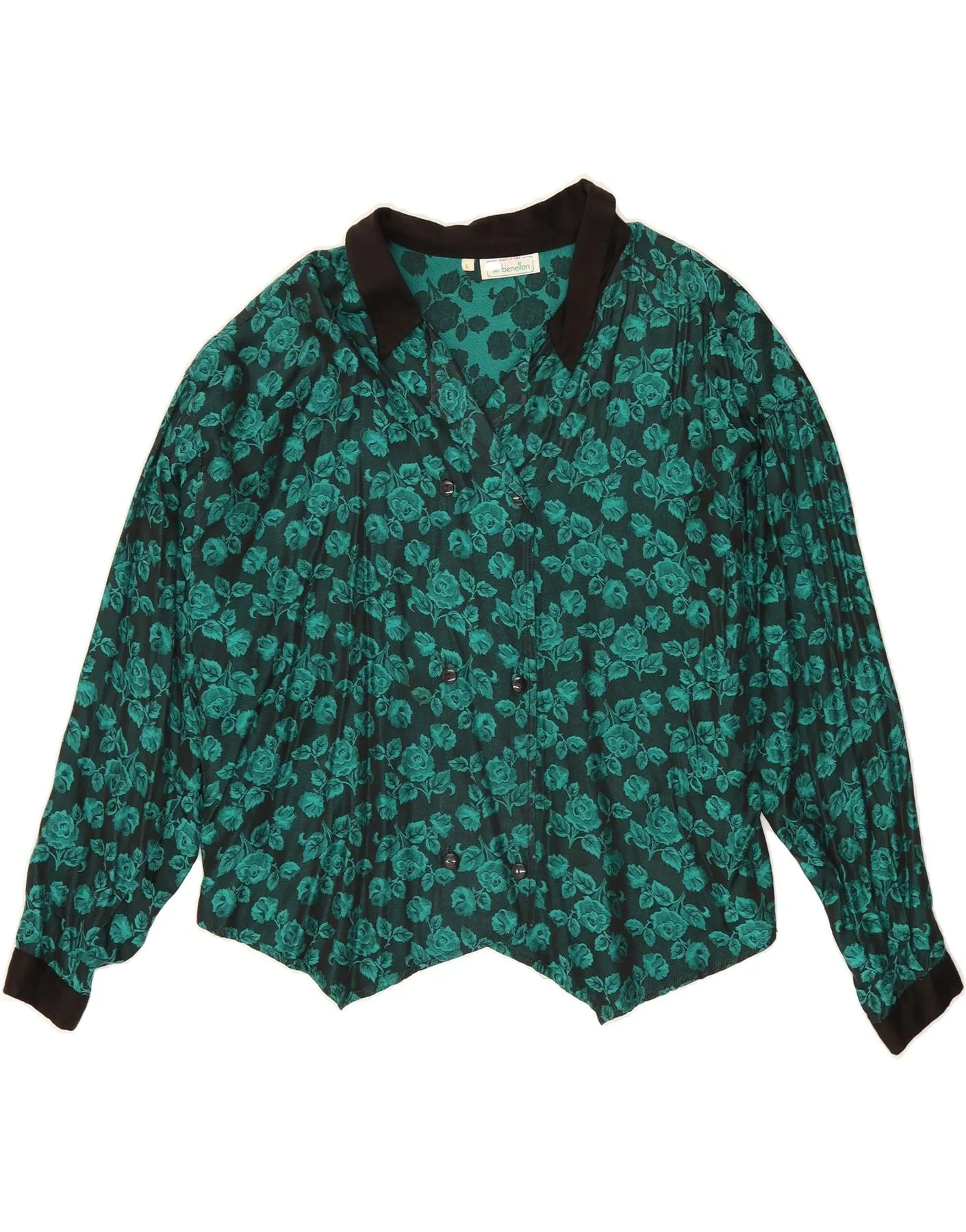 BENETTON Womens Shirt Blouse UK 16 Large Green Floral Anti Pill Technology