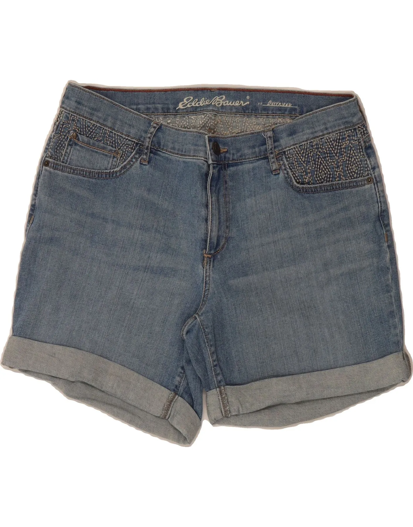 EDDIE BAUER Womens Boyfriend Denim Shorts US 12 Large W36 Blue Ergonomic Back Panel Athleisure Wear