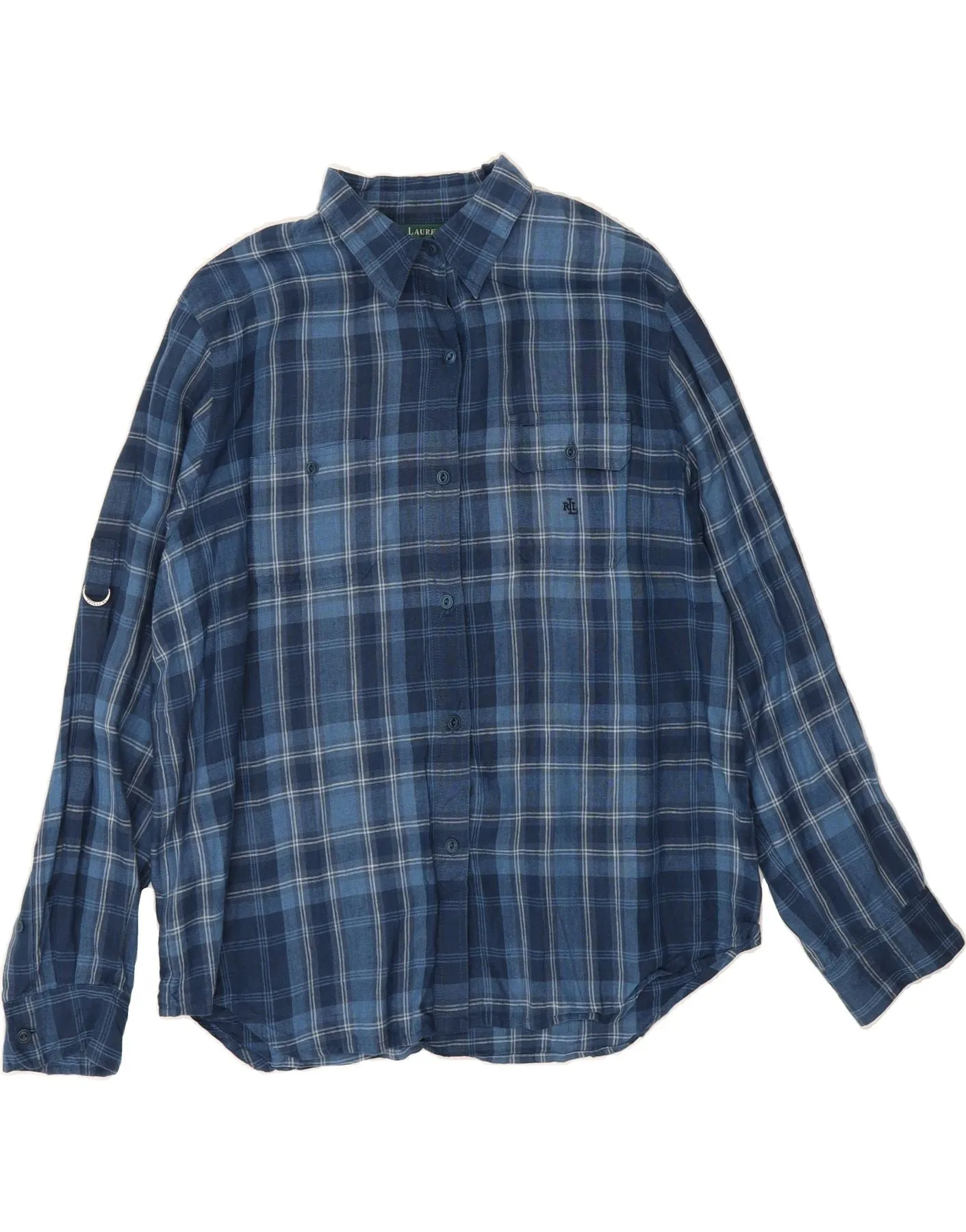 Tall friendly RALPH LAUREN Womens Shirt UK 16 Large Blue Check Linen