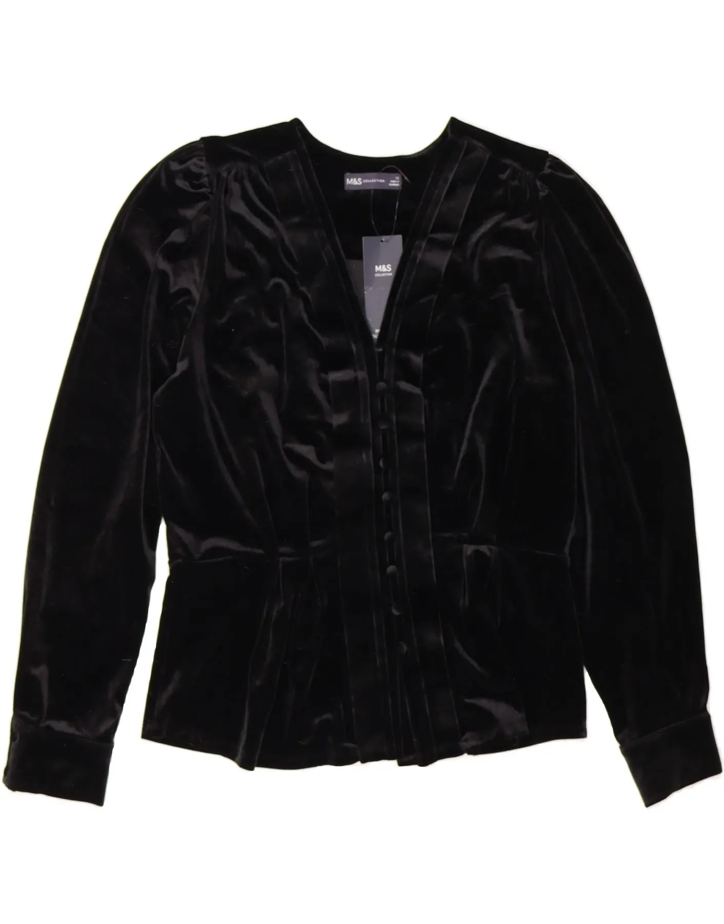 MARKS & SPENCER Womens Shirt Blouse UK 12 Medium Black Polyester Petite Cut Picnic Outfit