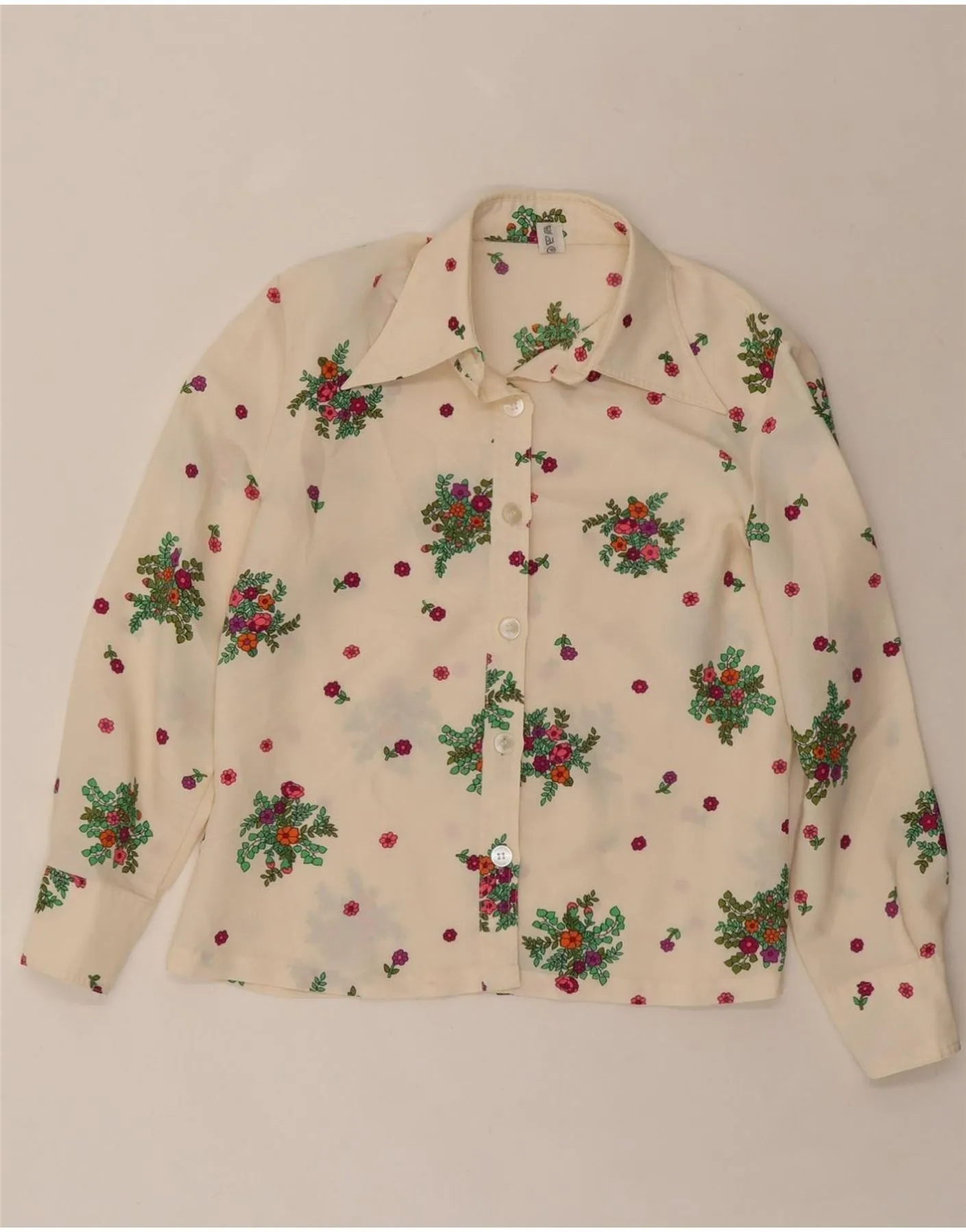 VINTAGE Womens Shirt Blouse IT 44 Medium Beige Floral Polyester tall size