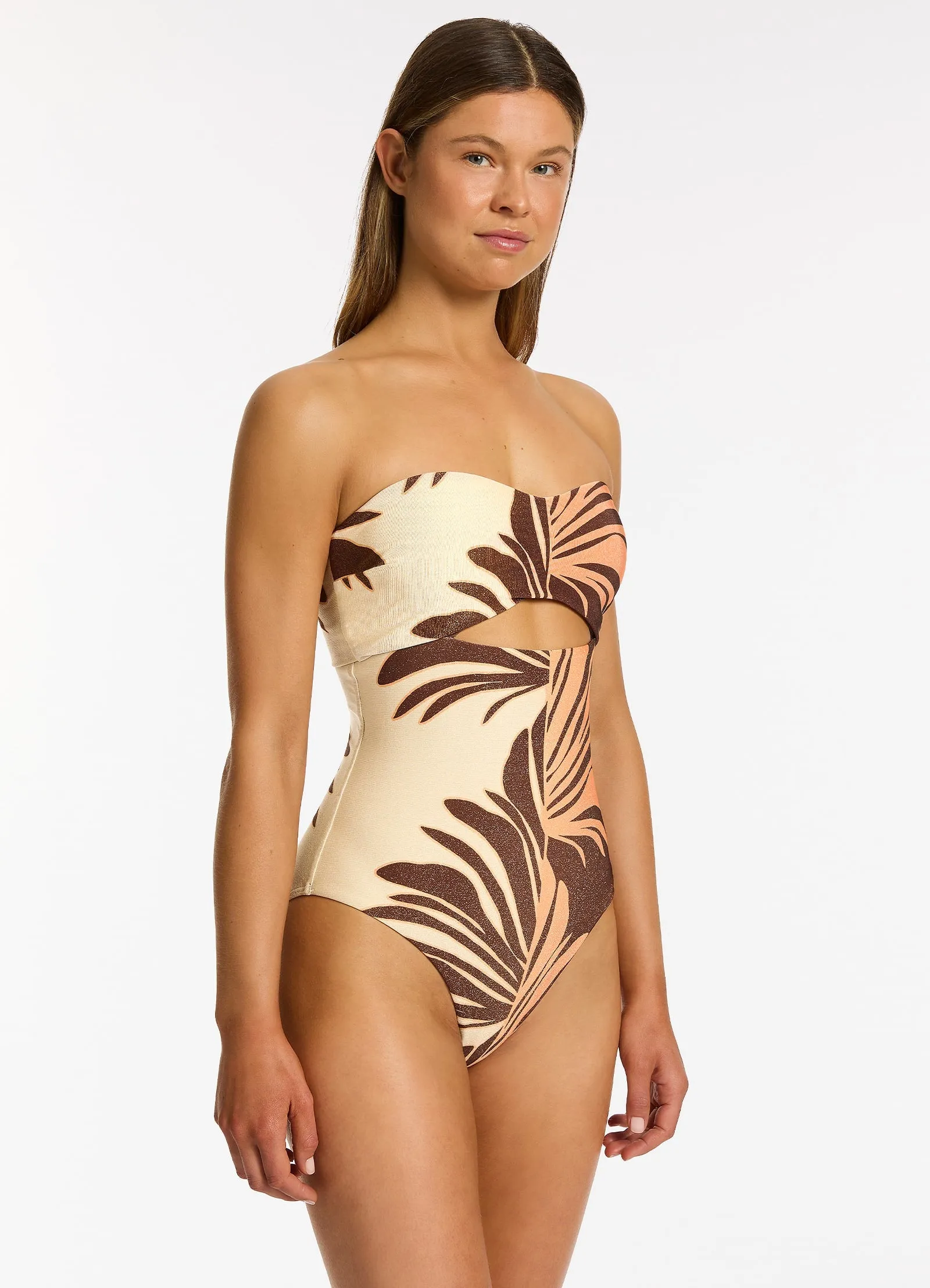Dahlia Palm Cut Out Bandeau One Piece - Chocolate Pool Fun Allover Print