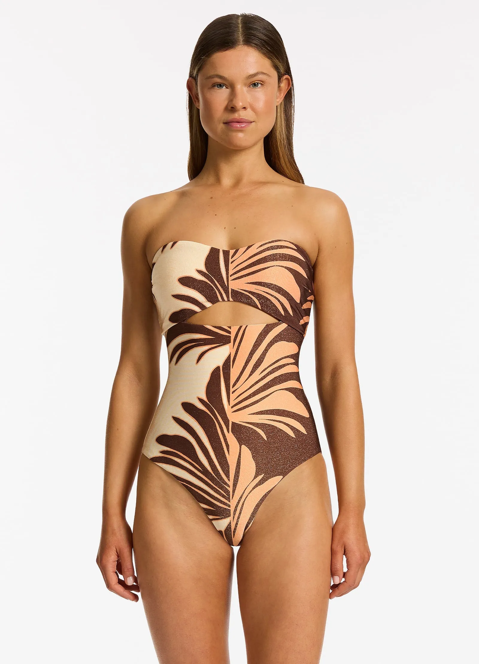 Performance Fabric Dahlia Palm Cut Out Bandeau One Piece - Chocolate