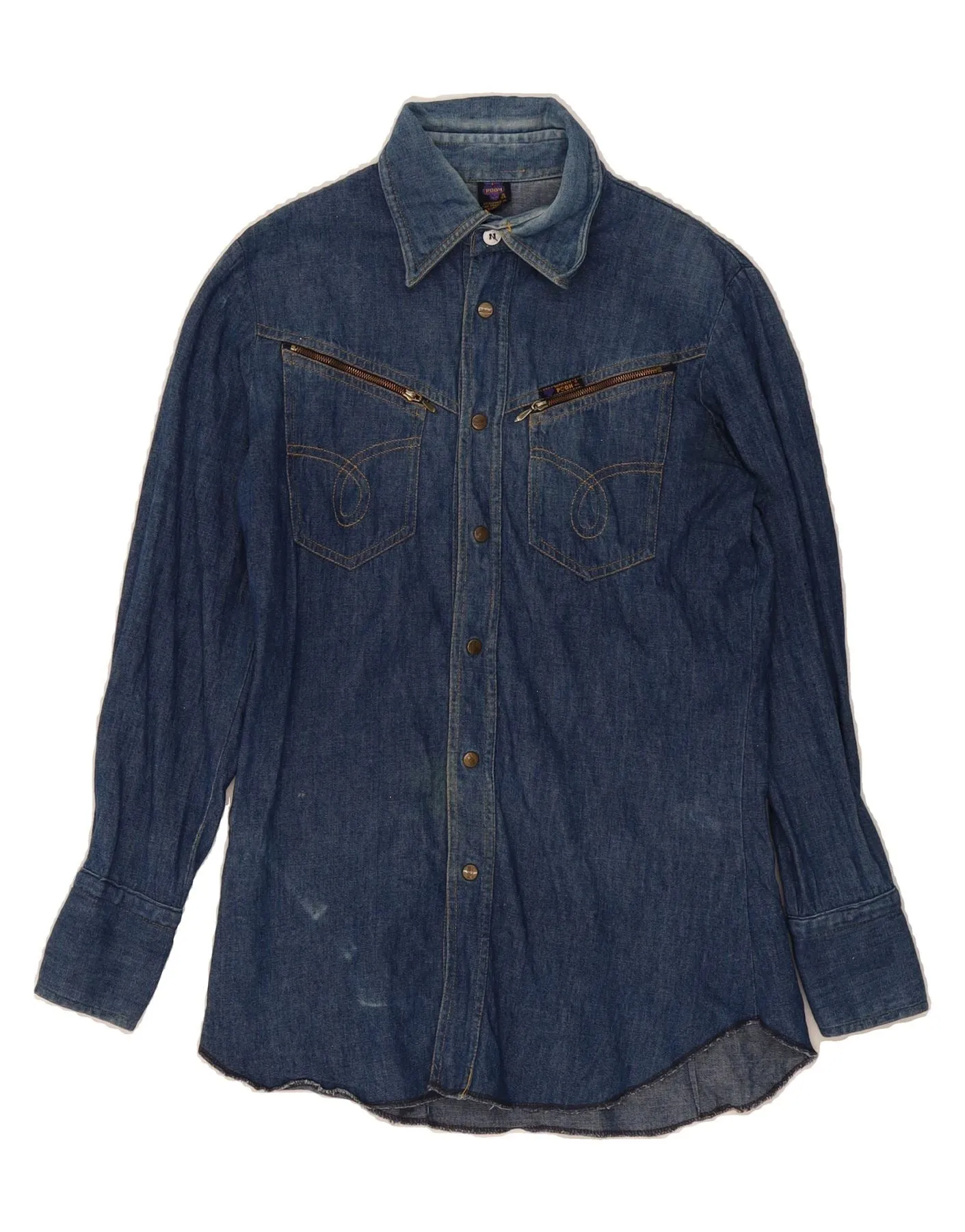 POOH Womens Denim Shirt UK 12 Medium  Blue Graduation Ceremony Tropical theme