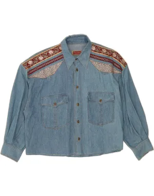 Patterned Texture Flexible Movement VINTAGE Womens Denim Shirt UK 14 Large Blue Floral