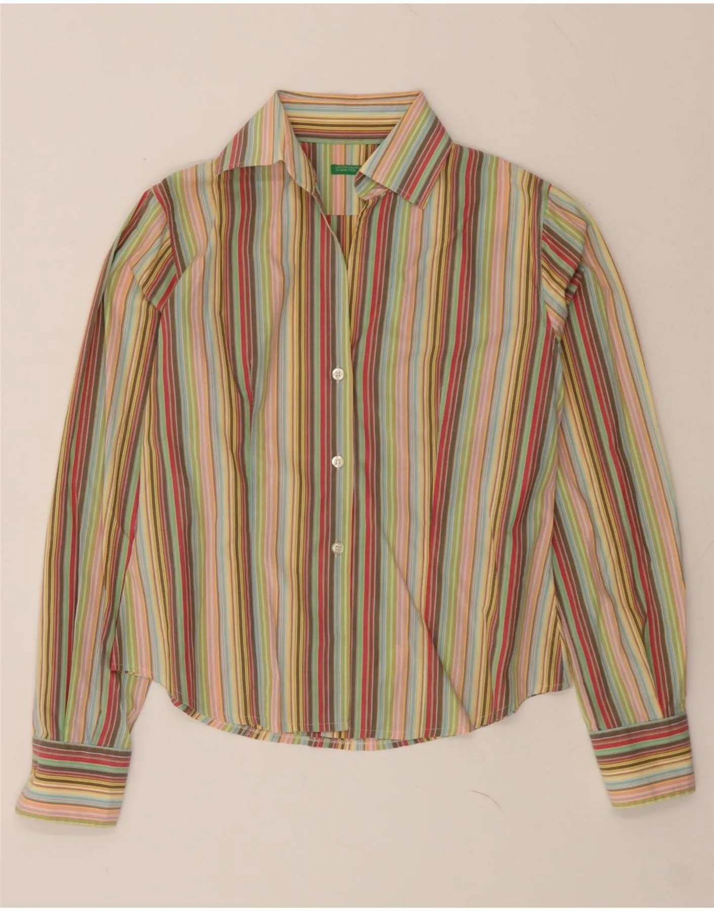 BENETTON Womens Shirt UK 14 Medium Multicoloured Striped Cotton Contrast Stitch Bold Graphics