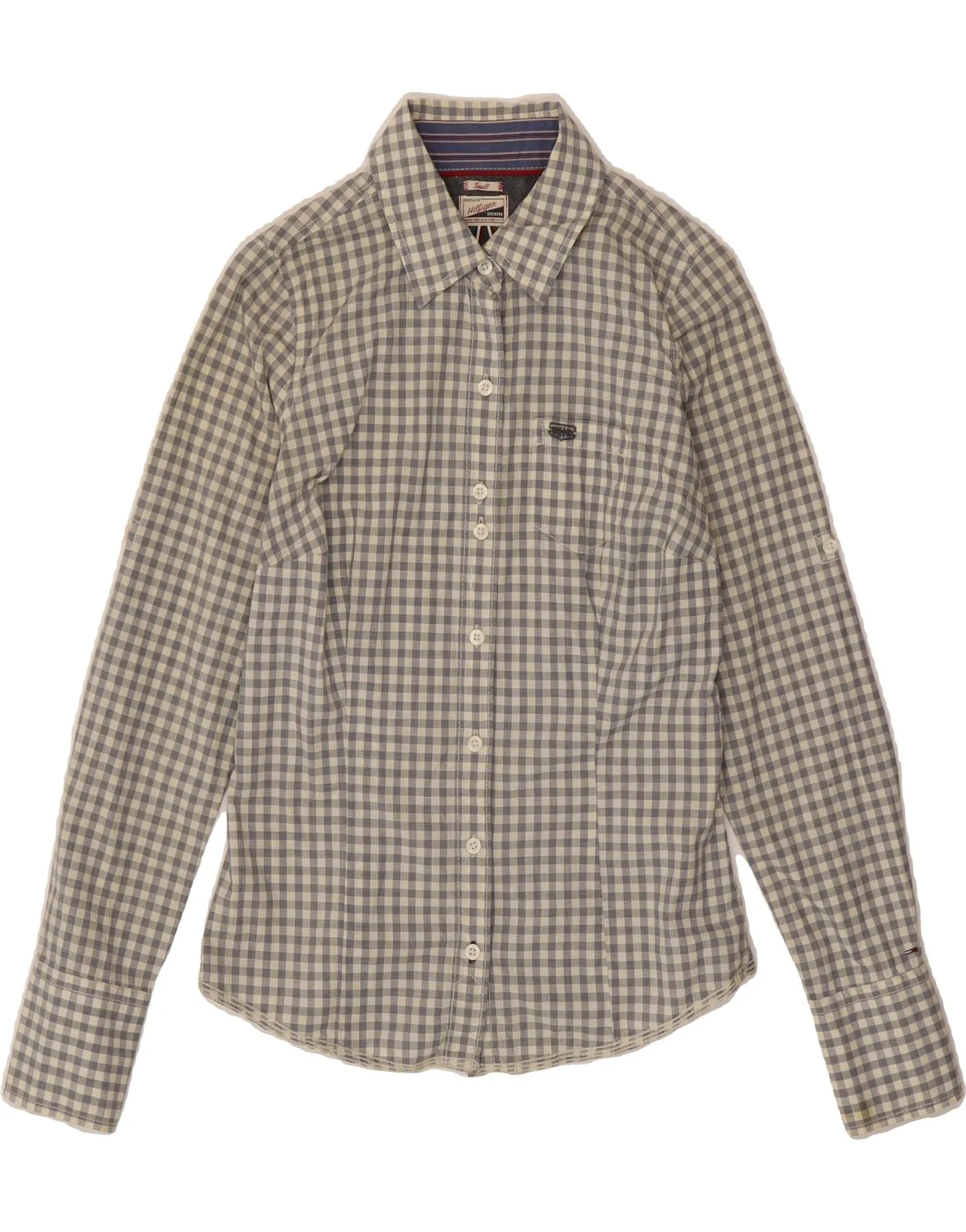 TOMMY HILFIGER Womens Shirt UK 10 Small Grey Gingham Cotton Winter Essentials
