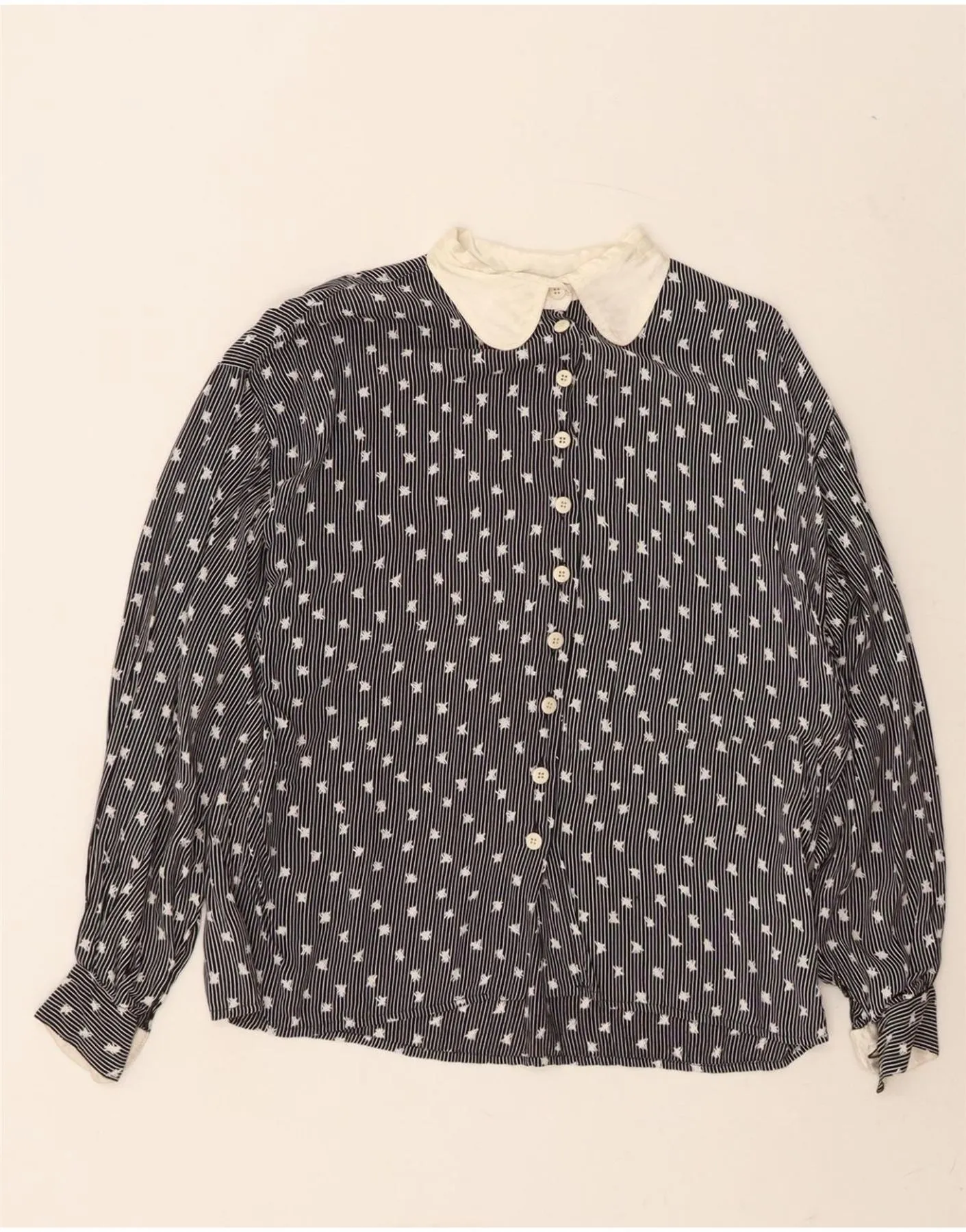 KRIZIA POI Womens Shirt Blouse IT 42 Medium Navy Blue Pinstripe Viscose Easy Care Material Graduation Attire