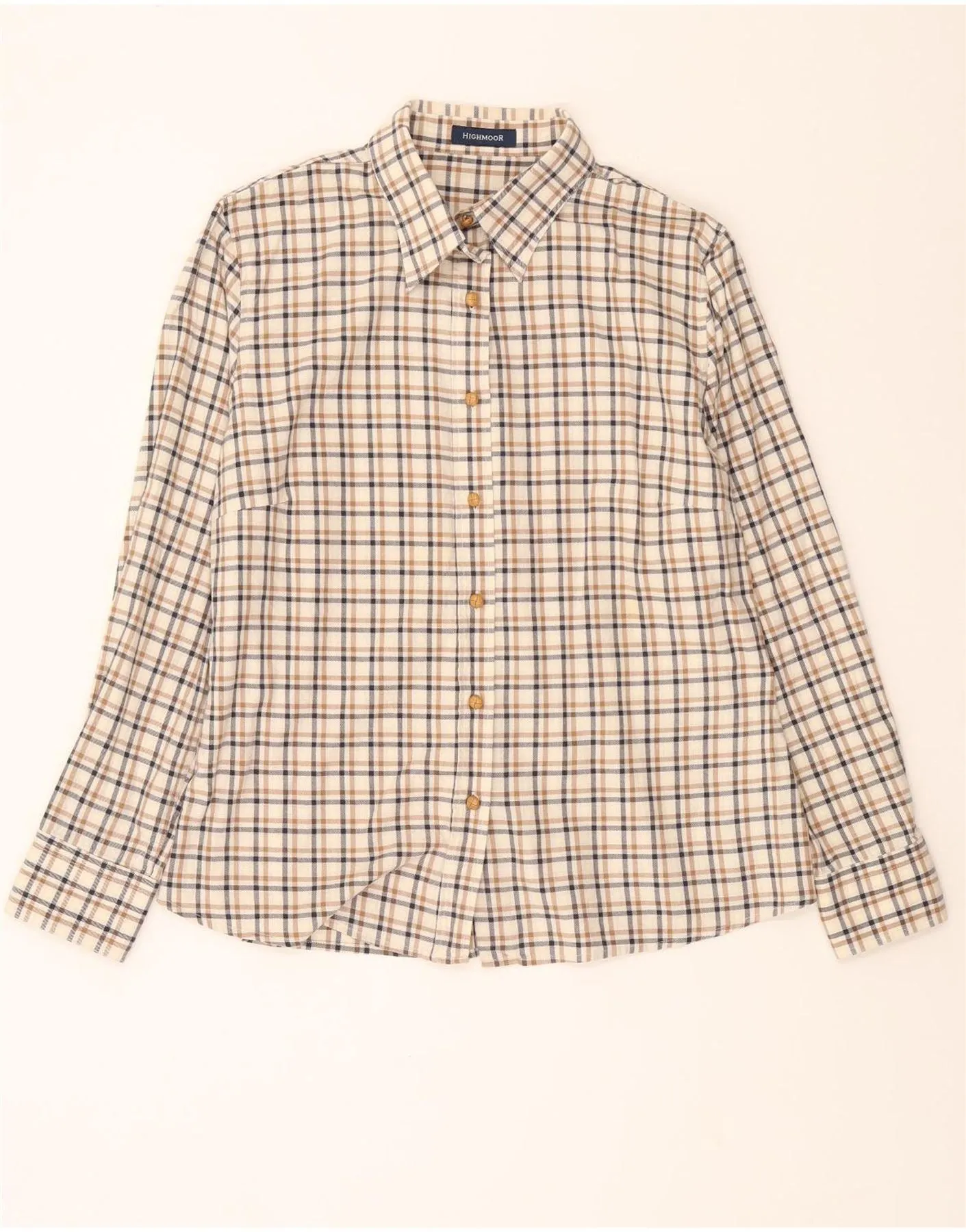 HIGHMOOR Womens Shirt EU 44 XL Beige Check Cotton Sleek Silhouette Travel Essential
