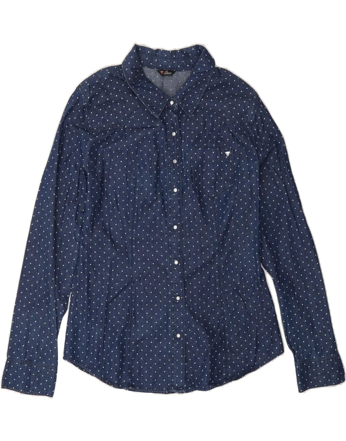 V-neck style Multi Layer Stitching GUESS Womens Denim Shirt UK 12 Medium  Navy Blue Polka Dot Cotton