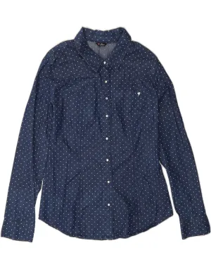 V-neck style Multi Layer Stitching GUESS Womens Denim Shirt UK 12 Medium  Navy Blue Polka Dot Cotton