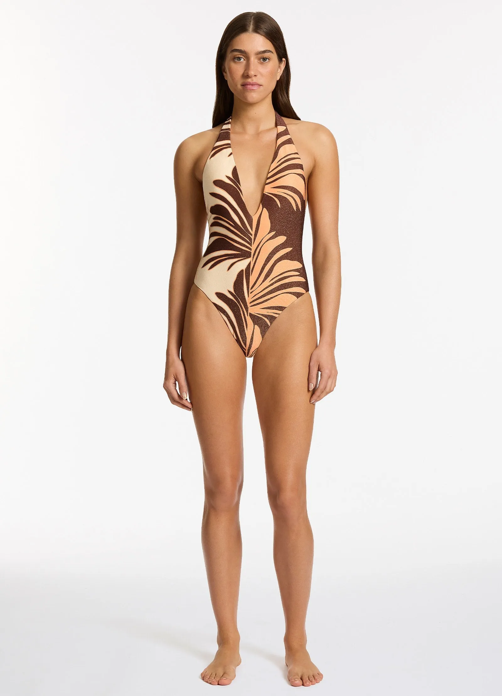 Dahlia Palm Plunge One Piece - Chocolate Summer Staple