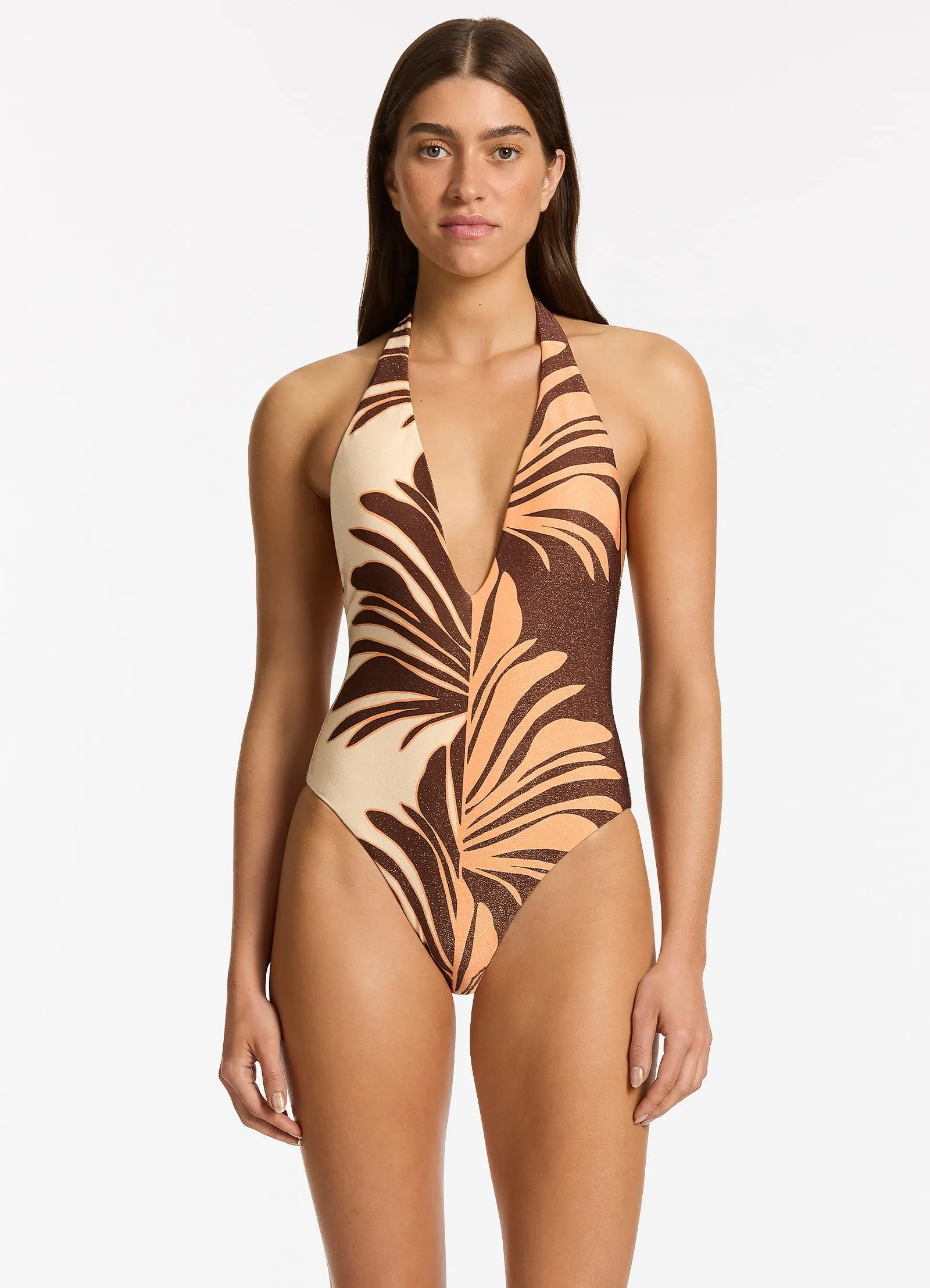 Dahlia Palm Plunge One Piece - Chocolate Vacation Style Waterfront Style