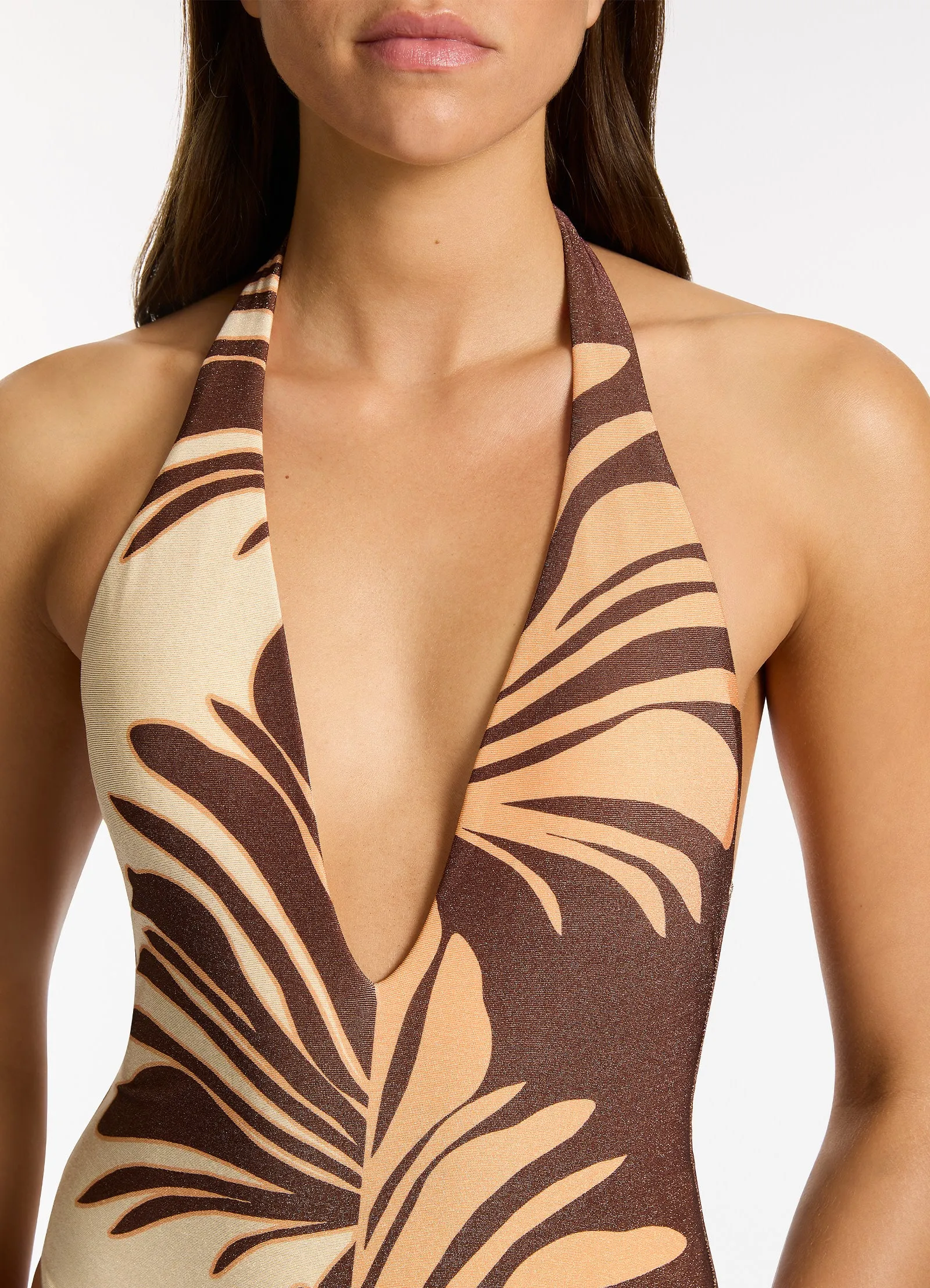 Matte-Look Dahlia Palm Plunge One Piece - Chocolate