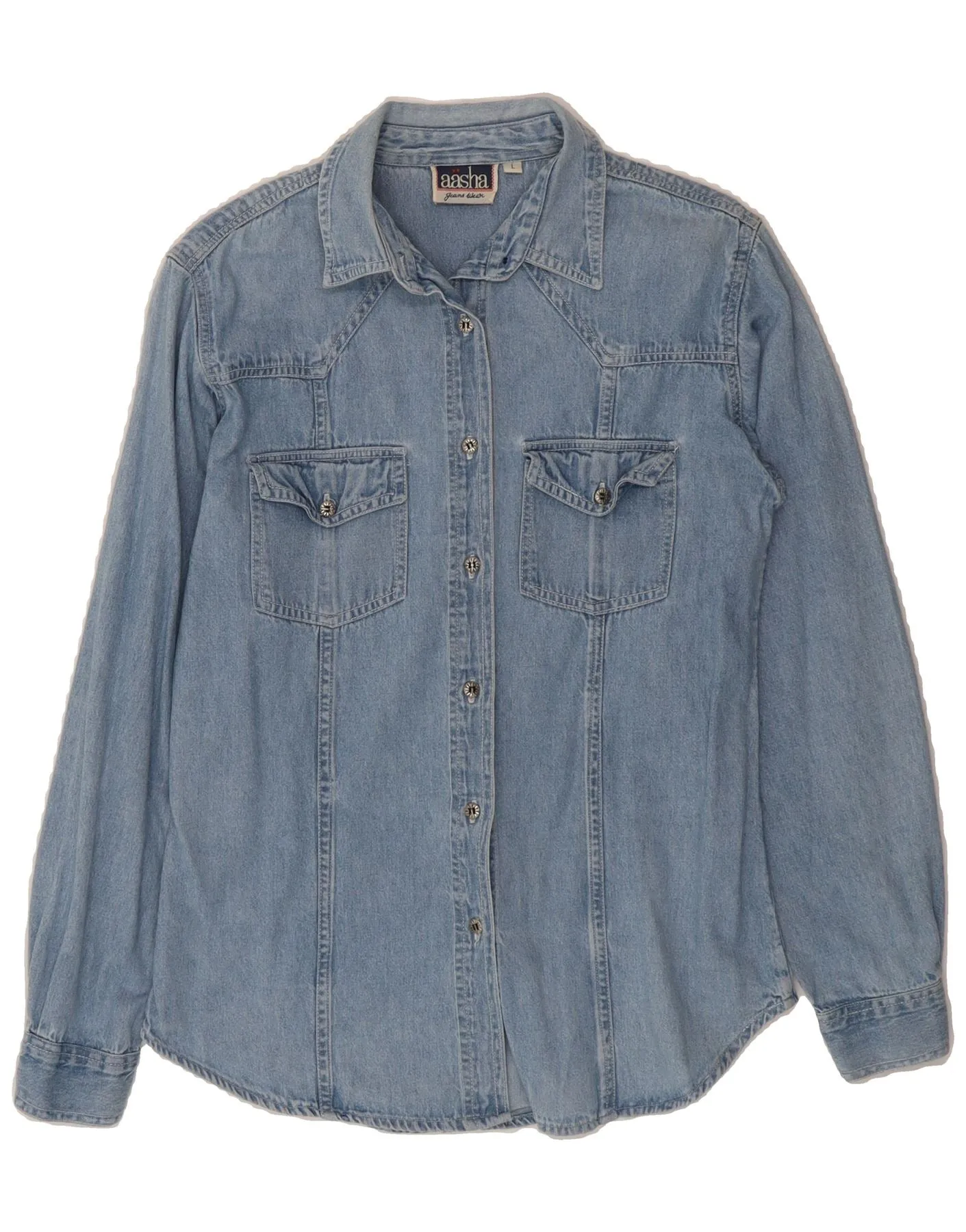 VINTAGE Womens Denim Shirt UK 14 Large Blue Cotton Hiking Gear