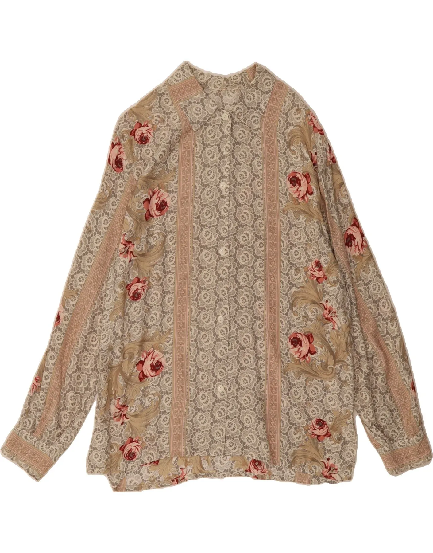 VINTAGE Womens Shirt Blouse UK 16 Large Grey Floral Viscose Handcrafted Detail Odorless Binding Tape