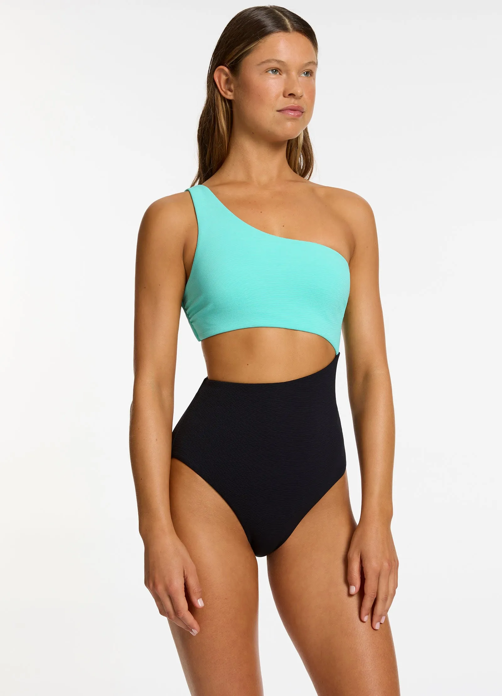 beach trip Sweat Wicking Backing Versa Rib One Shoulder One Piece - Black / Dolce