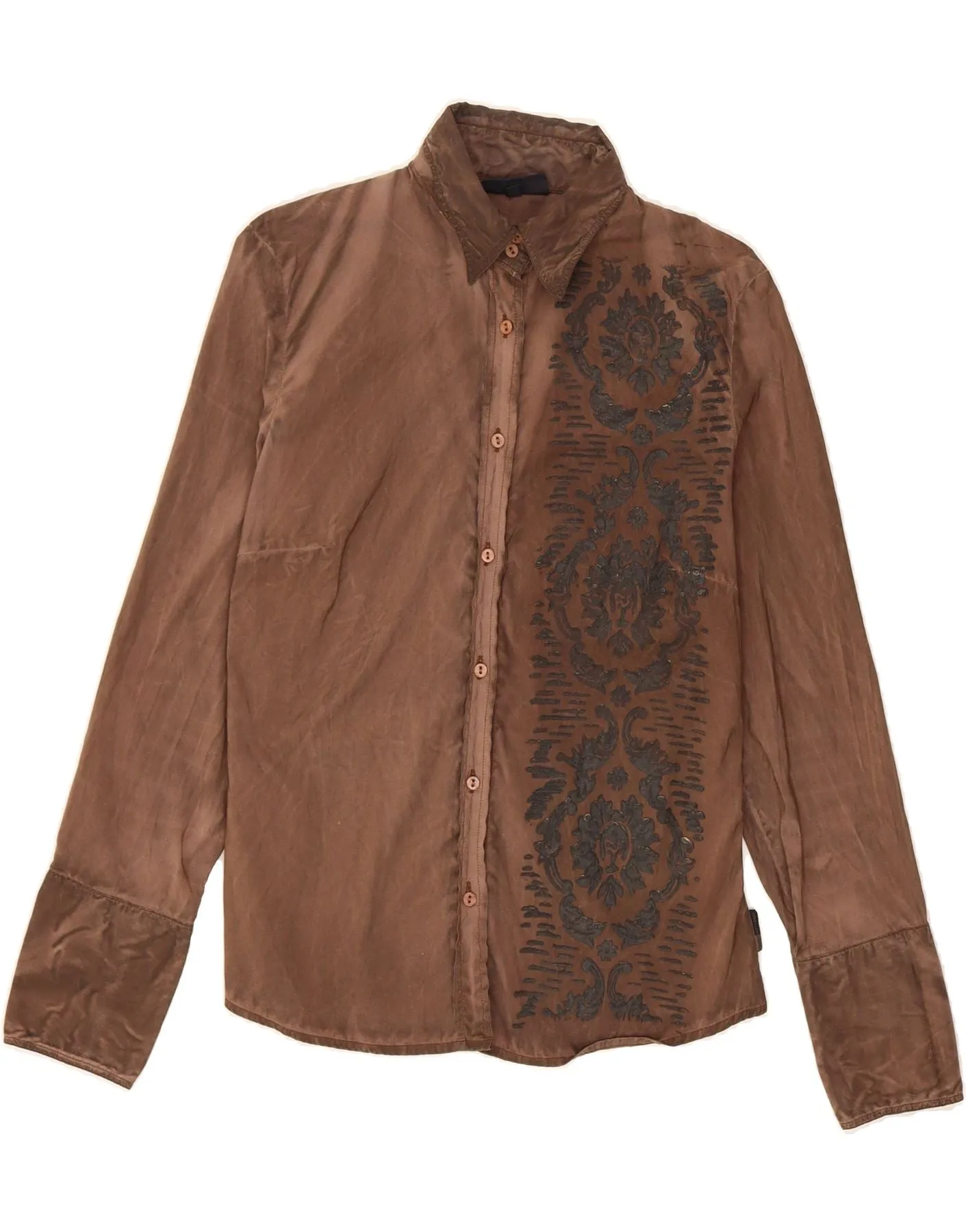 TRUSSARDI JEANS Womens Shirt Blouse UK 14 Large Brown Floral Cotton Formal Elegance Printed design