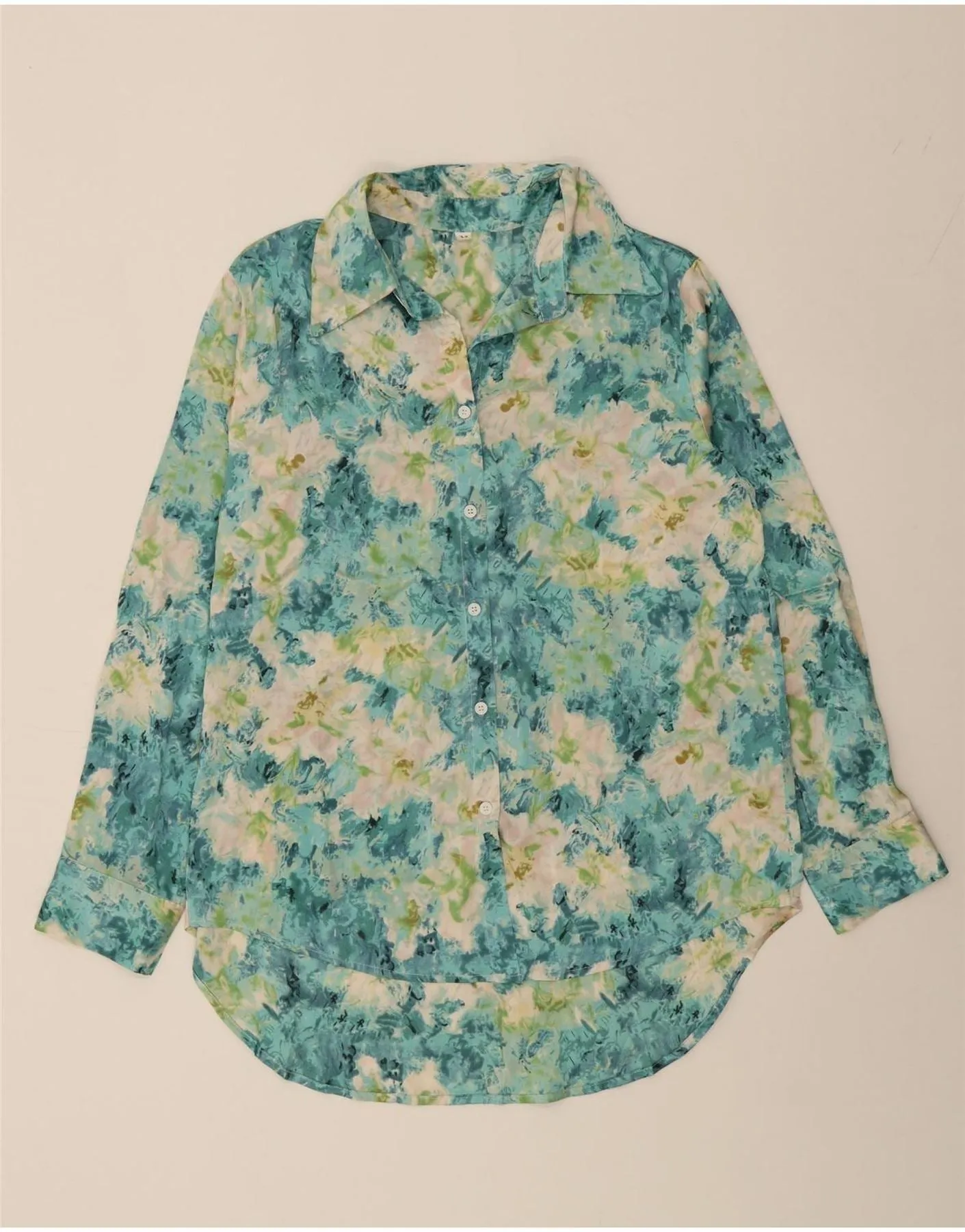 VINTAGE Womens Shirt Blouse UK 14 Medium Green Floral Polyester Breathable Layer