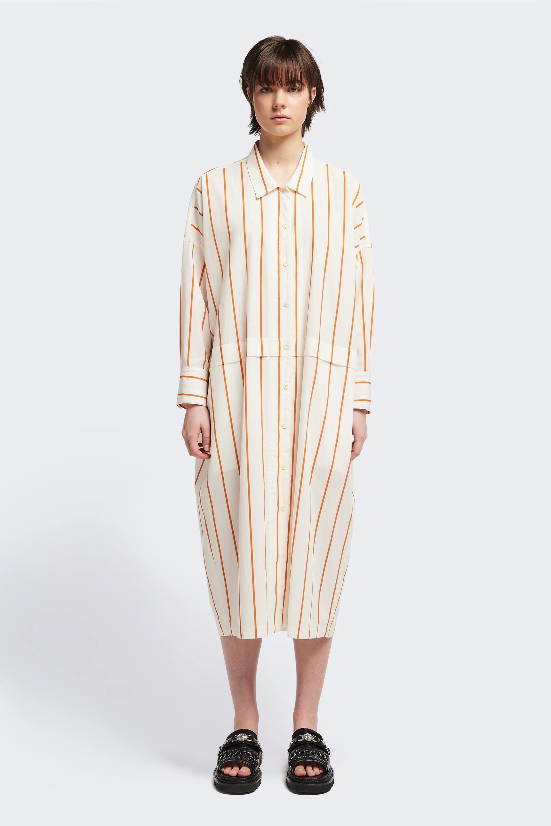 Sundown Shirt Dress Burnt Orange Stripe Work Friendly Classic Fit