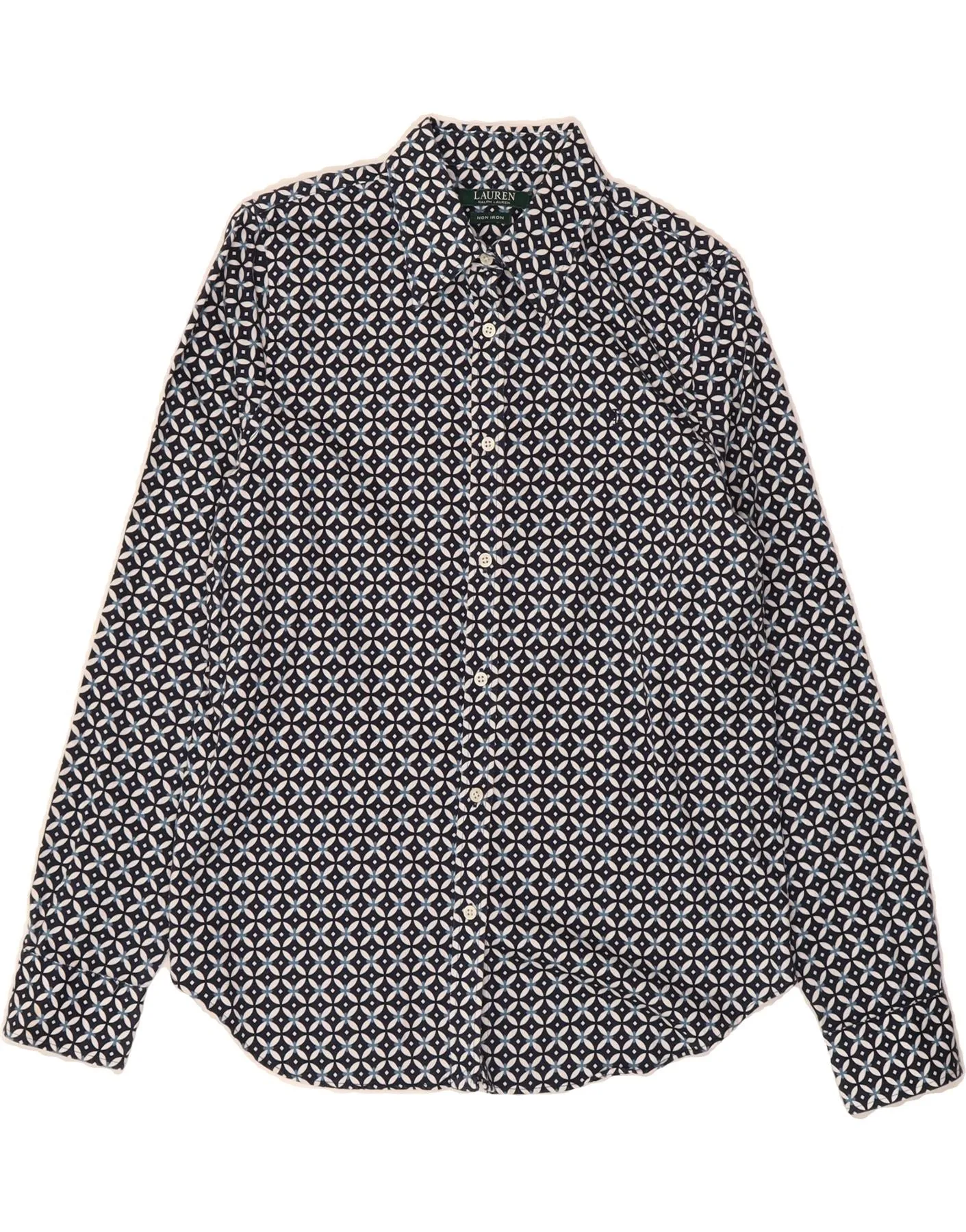 Premium Pima Cotton Timeless Piece RALPH LAUREN Womens Shirt UK 14 Large Navy Blue Geometric