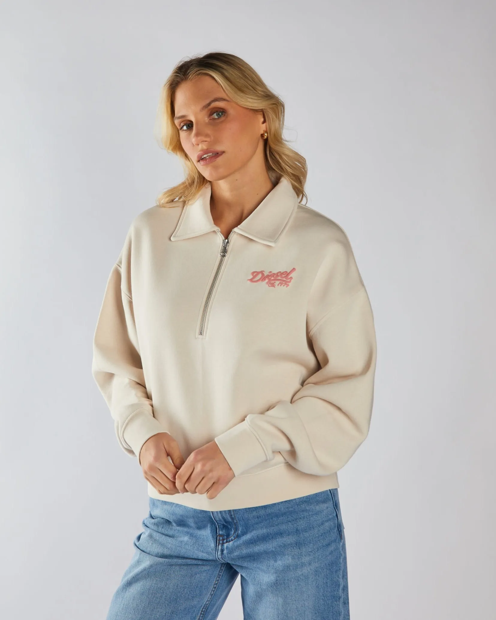 Comfortable button detail Flamingo Half Zip Stone White