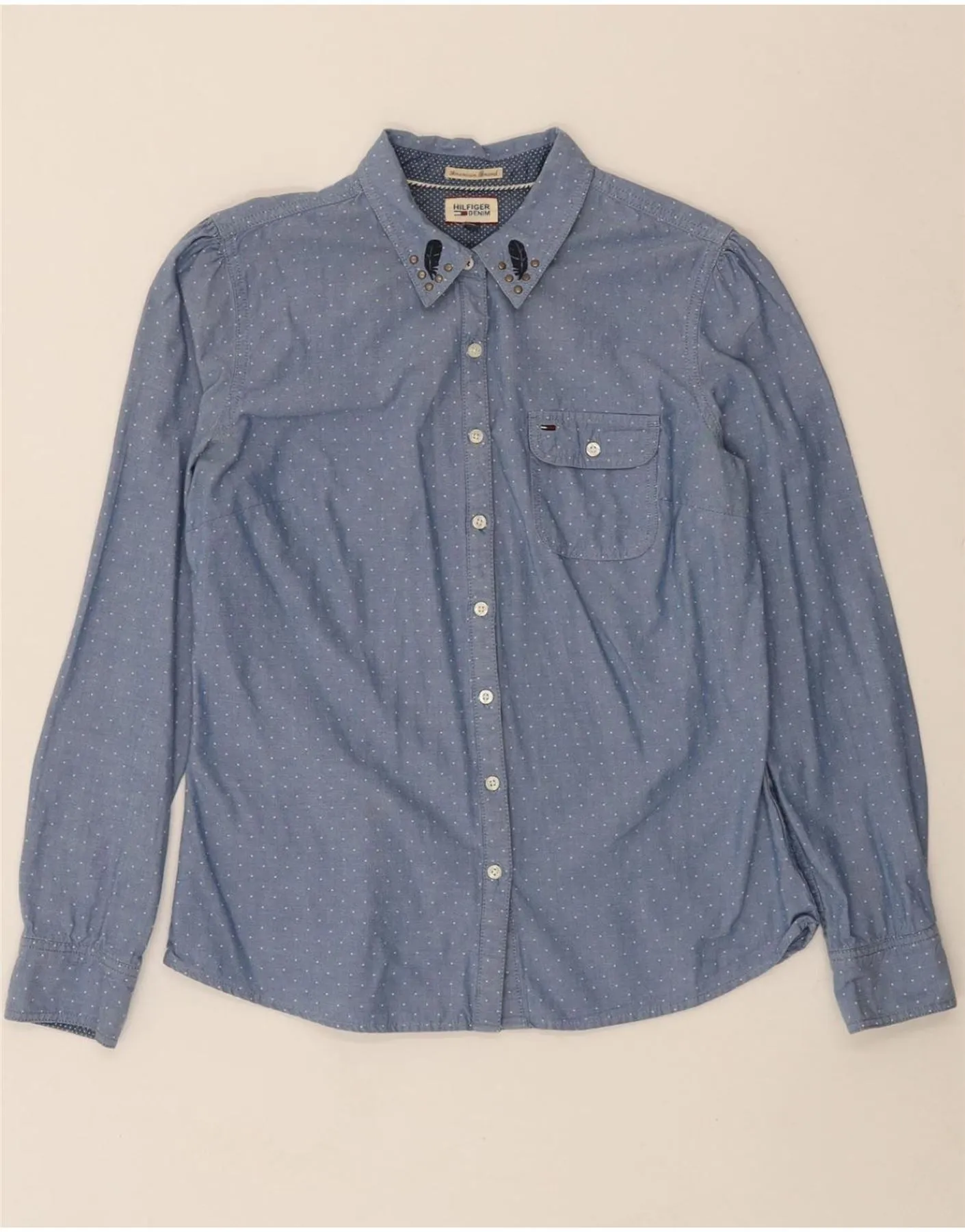 Stretch Fit Technology Mix-And-Match TOMMY HILFIGER Womens Shirt UK 14 Medium Blue Spotted Cotton
