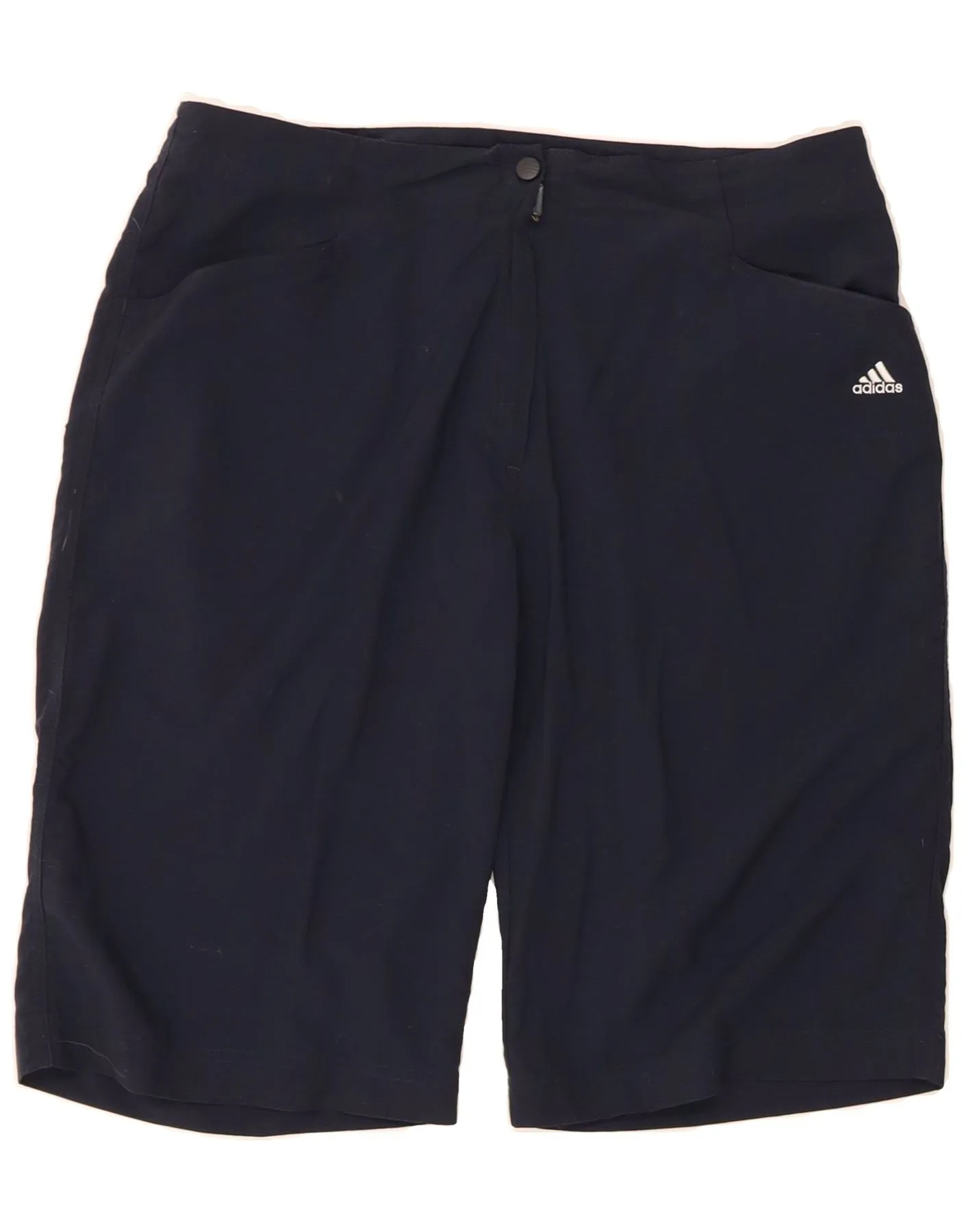 ADIDAS Womens High Waist Casual Shorts UK 18 XL W34 Navy Blue Polyamide Quick Release Cuffs Cultural Inspired